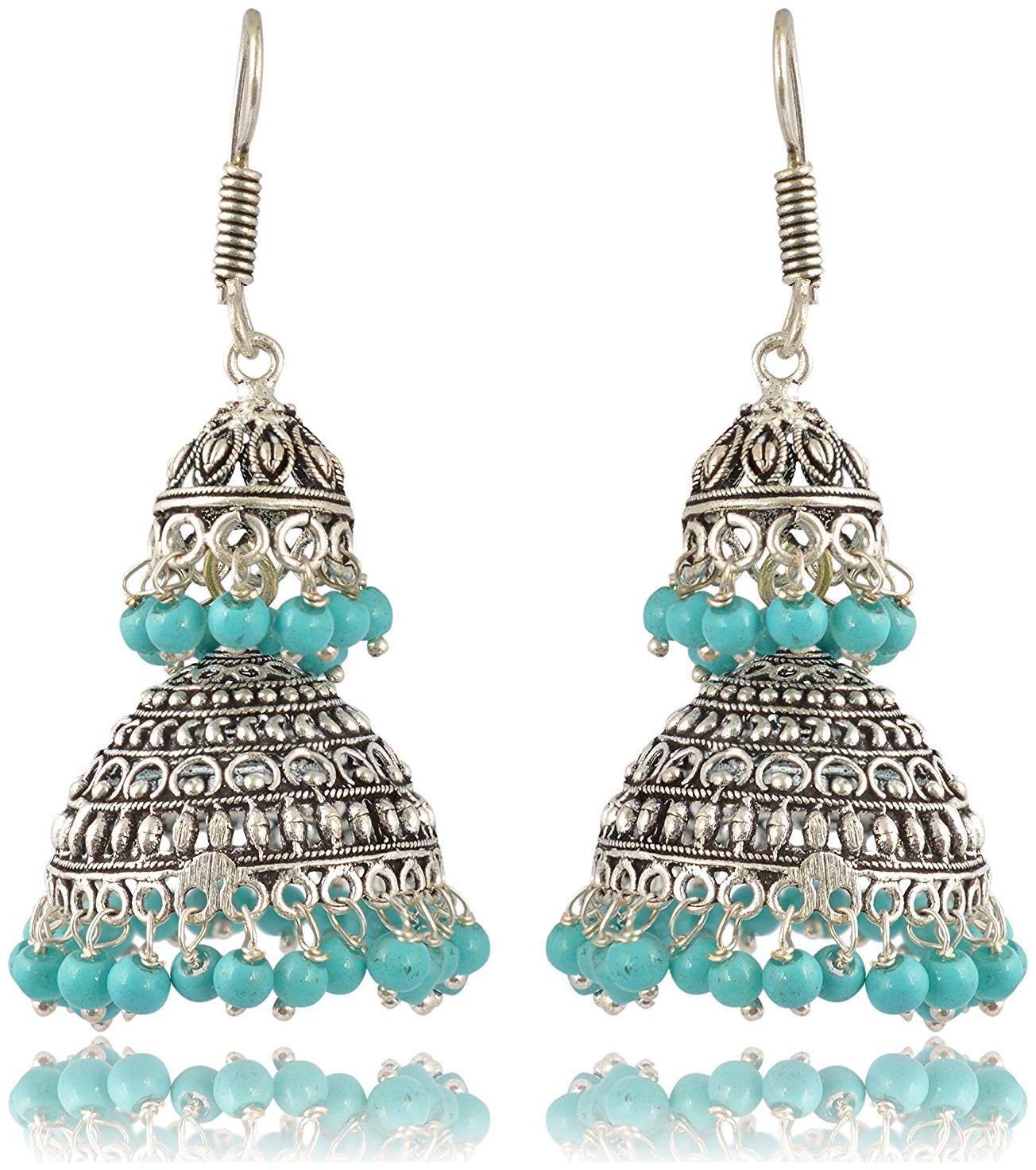 

Womens Earring Silver and Blue Oxidized Silver Jhumki Earrings for Women (E211) By the Roma Brothers