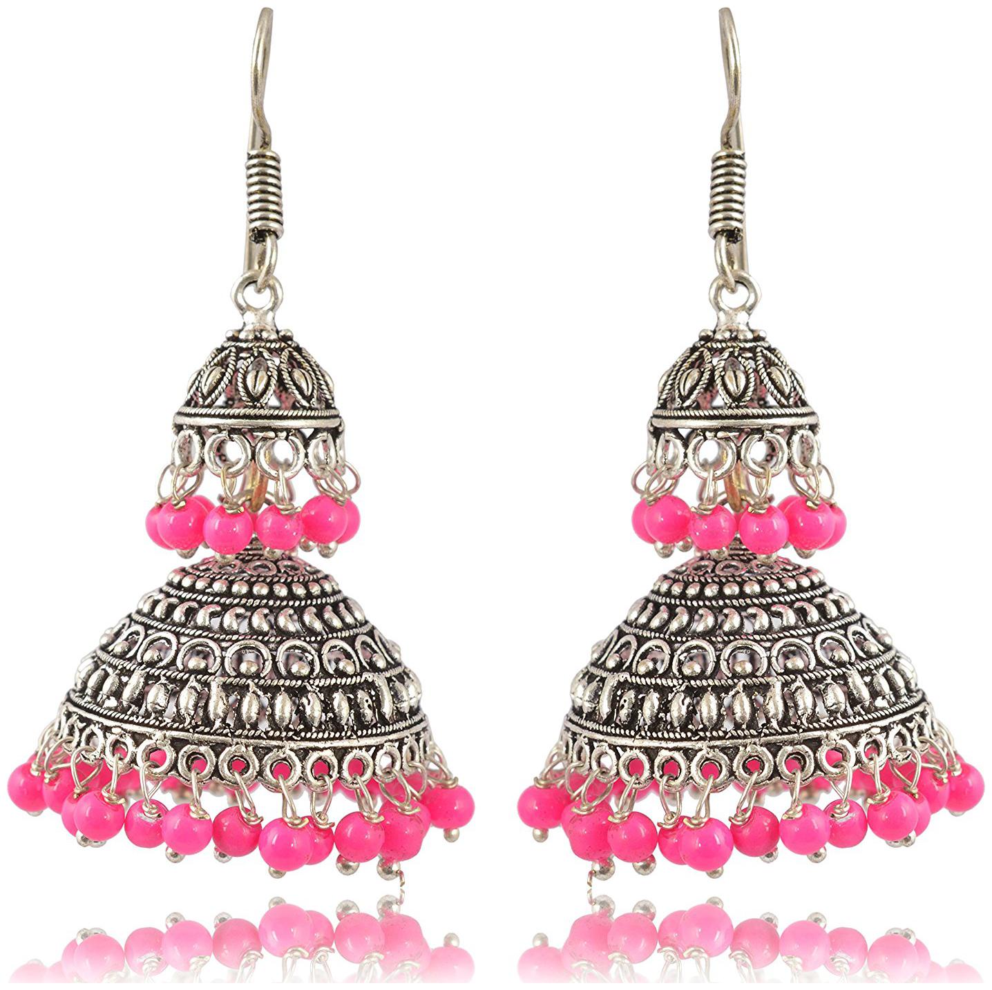 

Womens Earring Pink and Oxidized Silver Jhumki Earrings for Women (E215) By the Roma Brothers