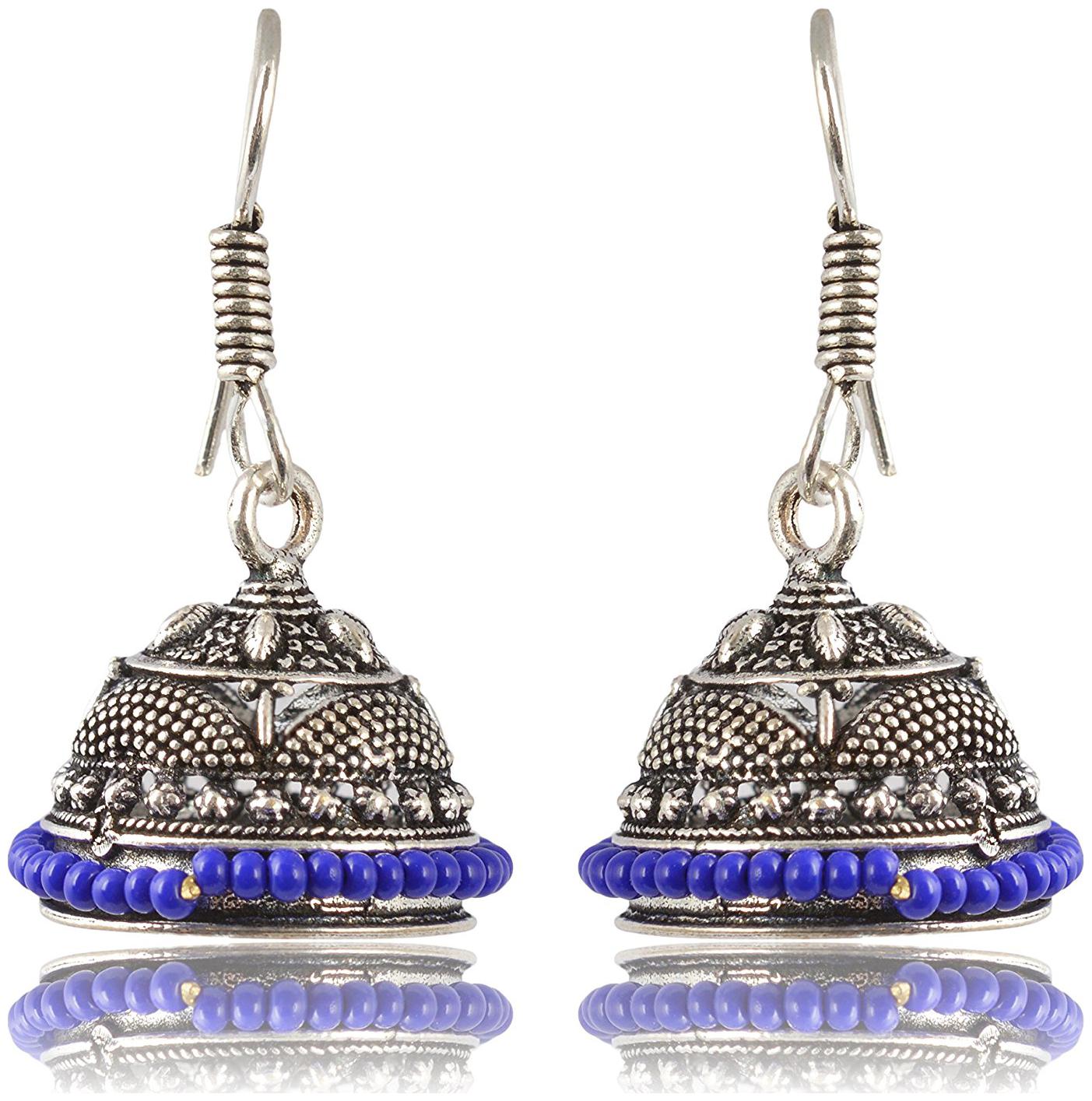 

Womens Earring Silver and Blue Oxidized Silver Jhumki Earrings for Women (E267) By the Roma Brothers