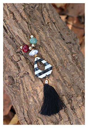 

Enso Tasseled Statement Pendant with Long Chain - Black