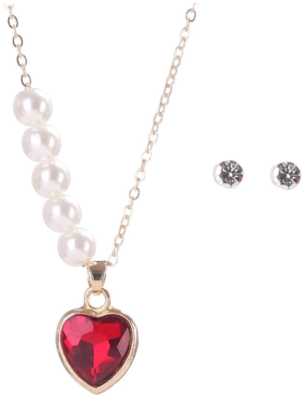 

Enso Pearl String Necklace with Crystal Heart Pendant - Red and Gold