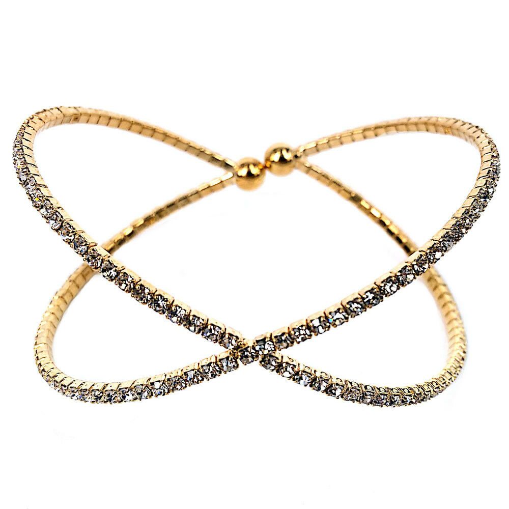 

X Shaped Crystal Rhinestone Elastic Cuff Bracelet(Silver Gold Rose Gold Jet)