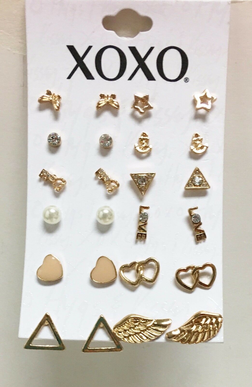 

XOXO SET OF 12 PAIRS GOLD TONE STAR KEY BUTTERFLY HEART PEARL WING LOVE EARRINGS