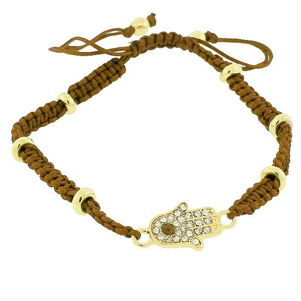 

Yellow Gold-Tone Light Brown White Crystals Hamsa Evil Eye Womens Girls Bracelet