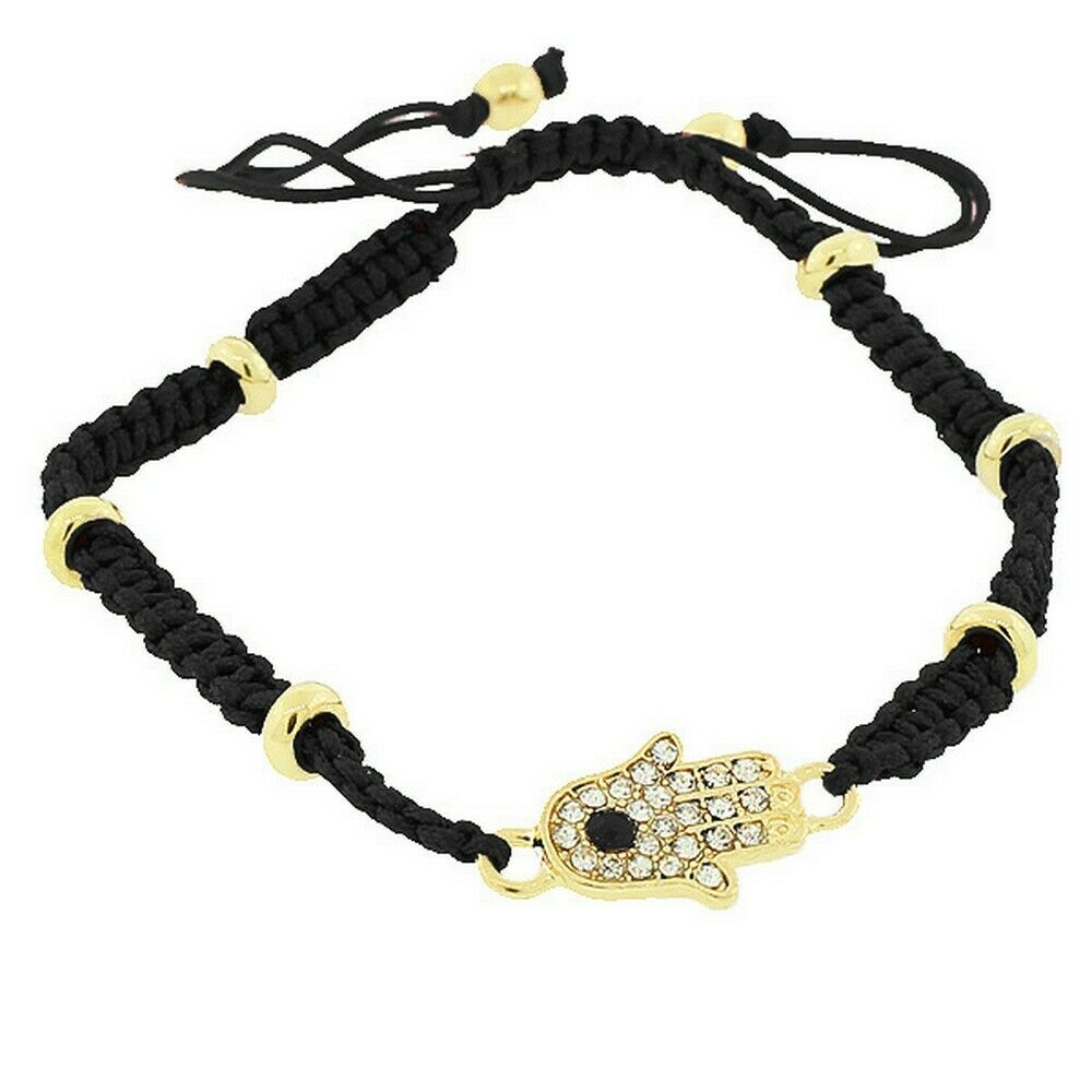 

Yellow Gold-Tone Black White Crystals Hamsa Evil Eye Womens Girls Bracelet