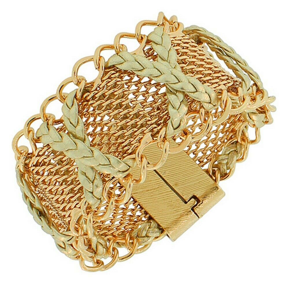 

Yellow Gold-Tone Braided Mesh Chain Wide Womens Fashion Bangle Bracelet