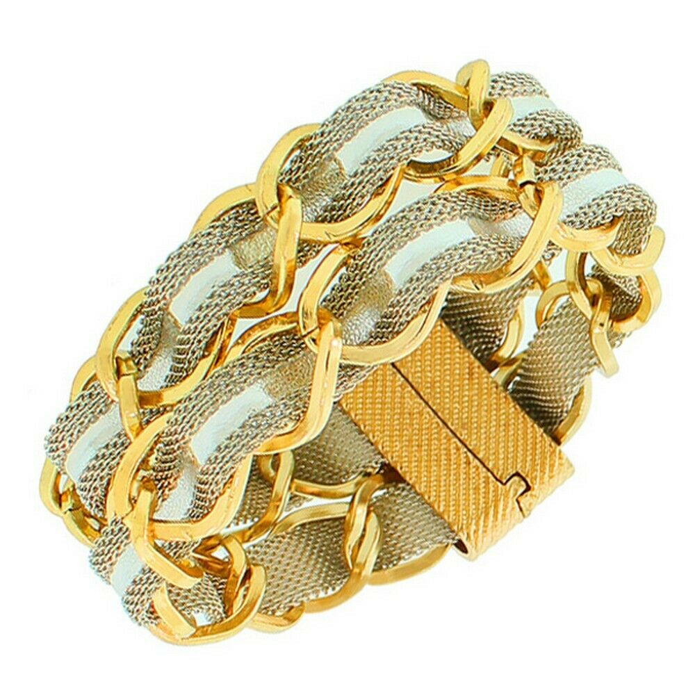 

Yellow Gold Silver Two-Tone Braided Mesh Chain Wide Womens Bracelet