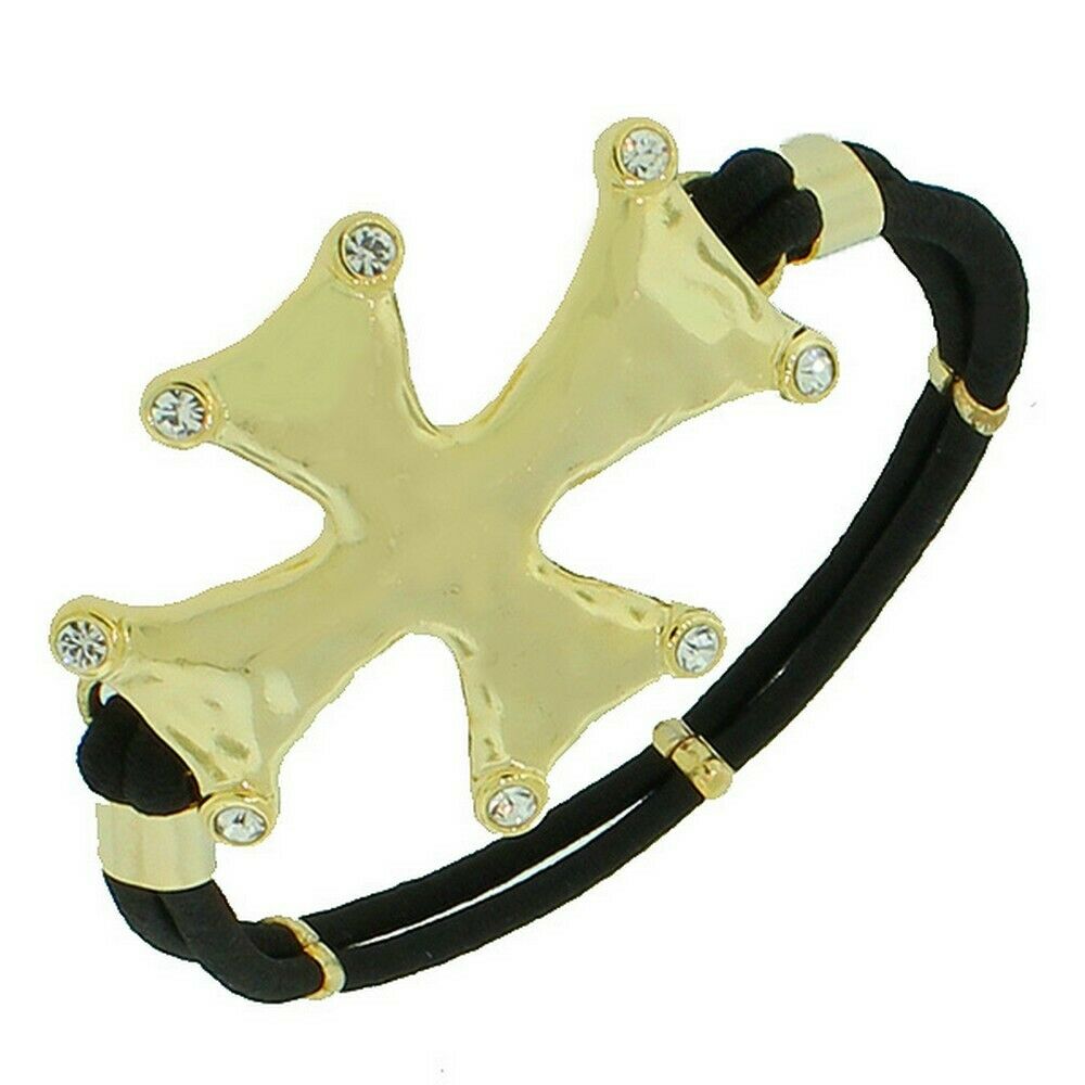 

Yellow Gold Tone Womens Girls Celtic Cross Crystals Black Stretch Cord Bracelet