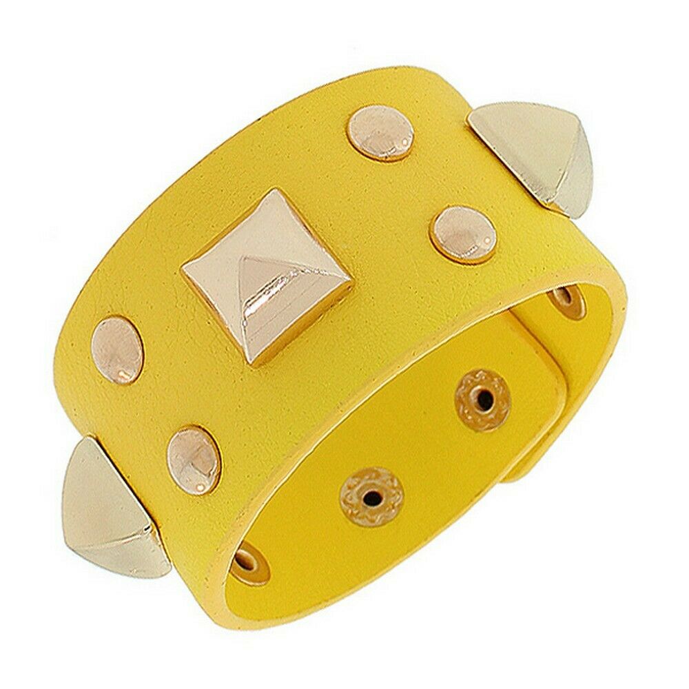

Yellow Leather Rose Gold-Tone Spikes Wide Wristband Wrap Womens Bracelet