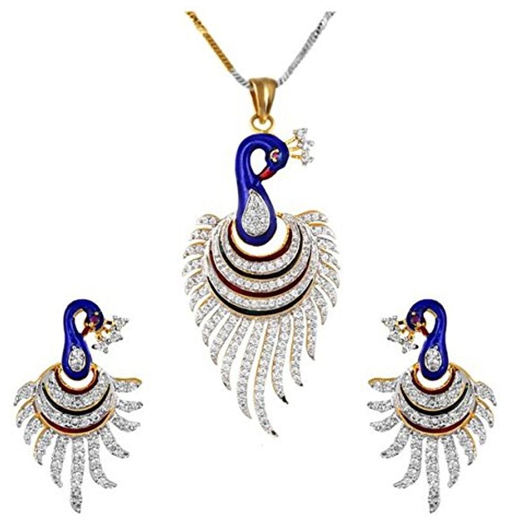 

Youbella Cz Designer Peacock Pendant Set Necklace Set With Chain And Earrings For Girls And Women