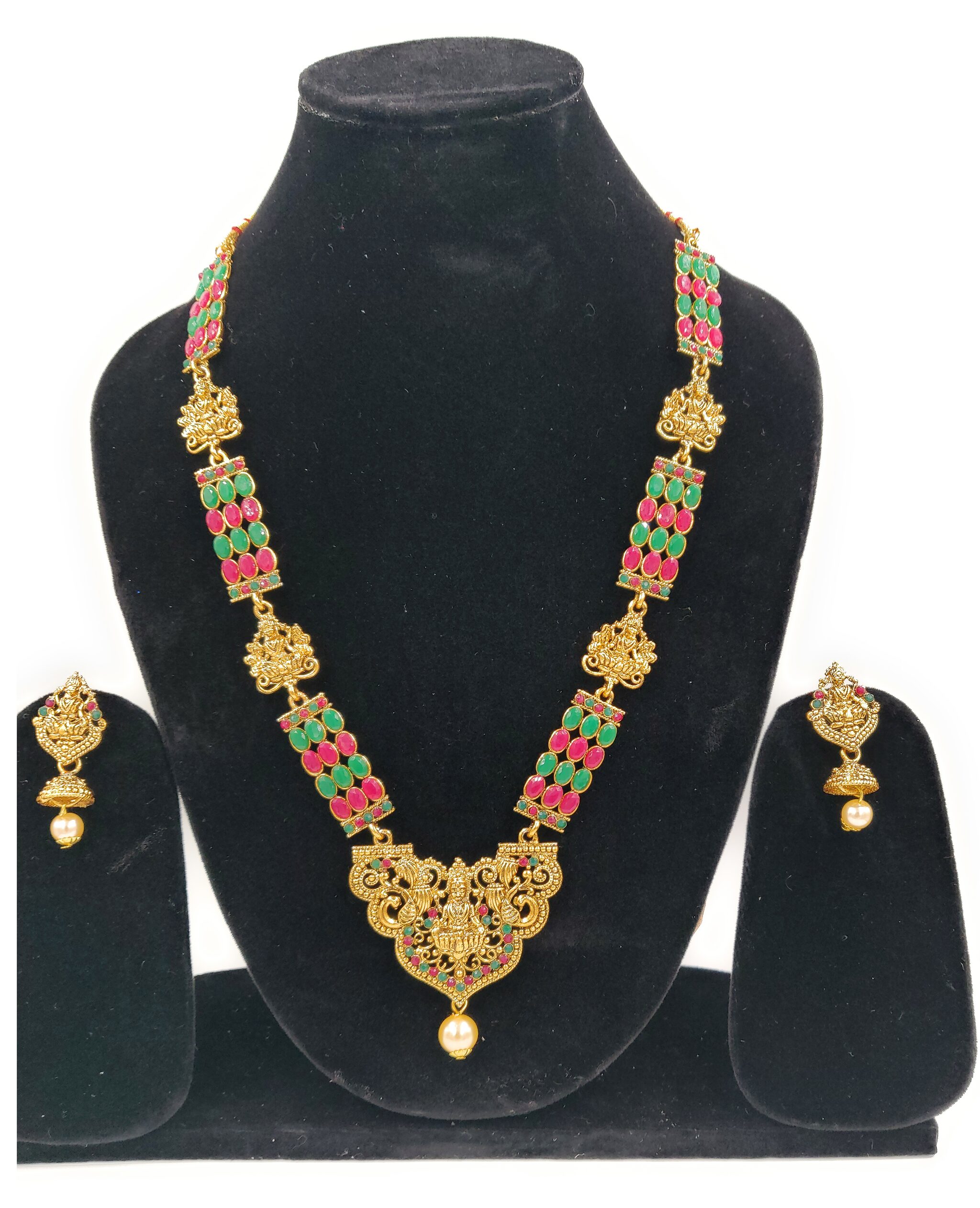 

ZaffreCollections Glittering Gold Plated Temple Long Necklace Pendant Set with Earrings for Women