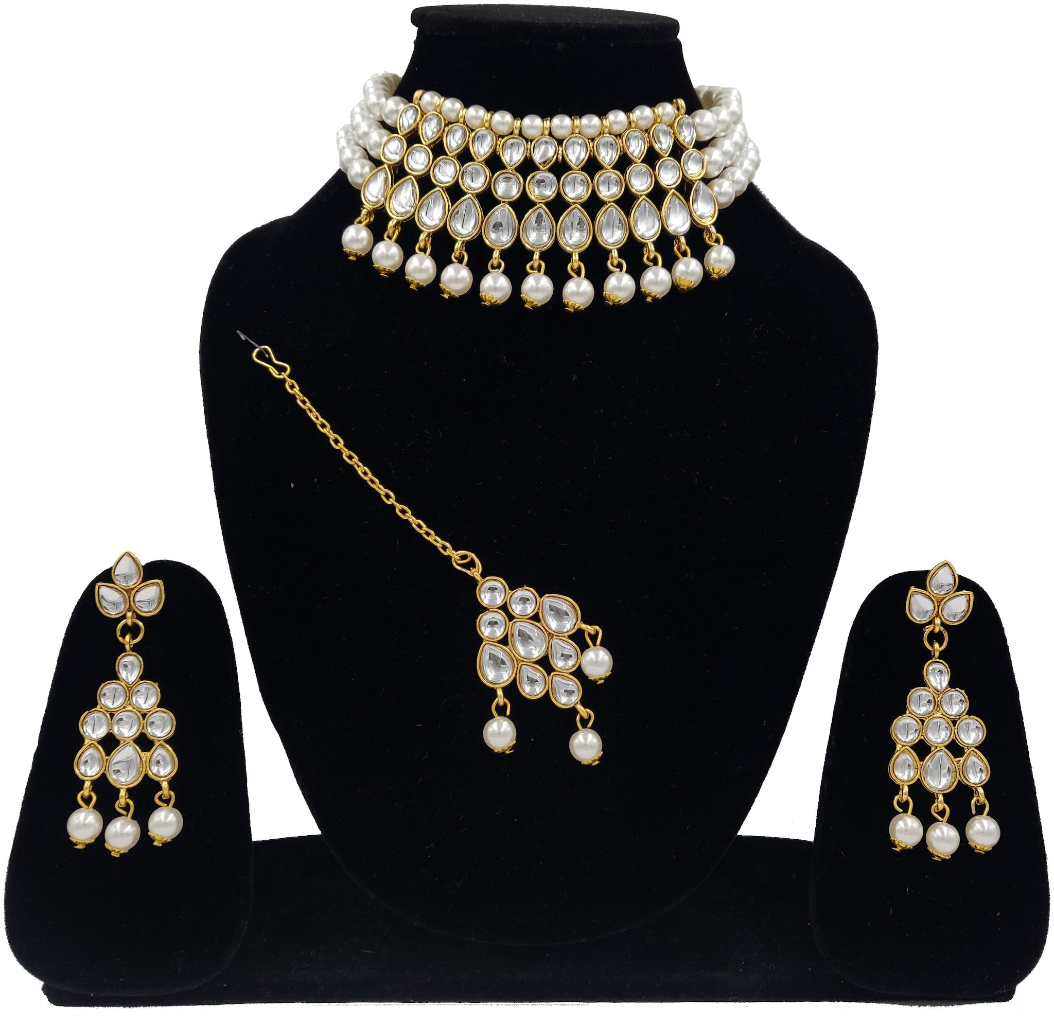 

ZaffreCollections Beautiful Kundan White Pearl Choker with Matching Dangle Kundan Earrings and Kundan Maang Tikka Set for Women and Girls