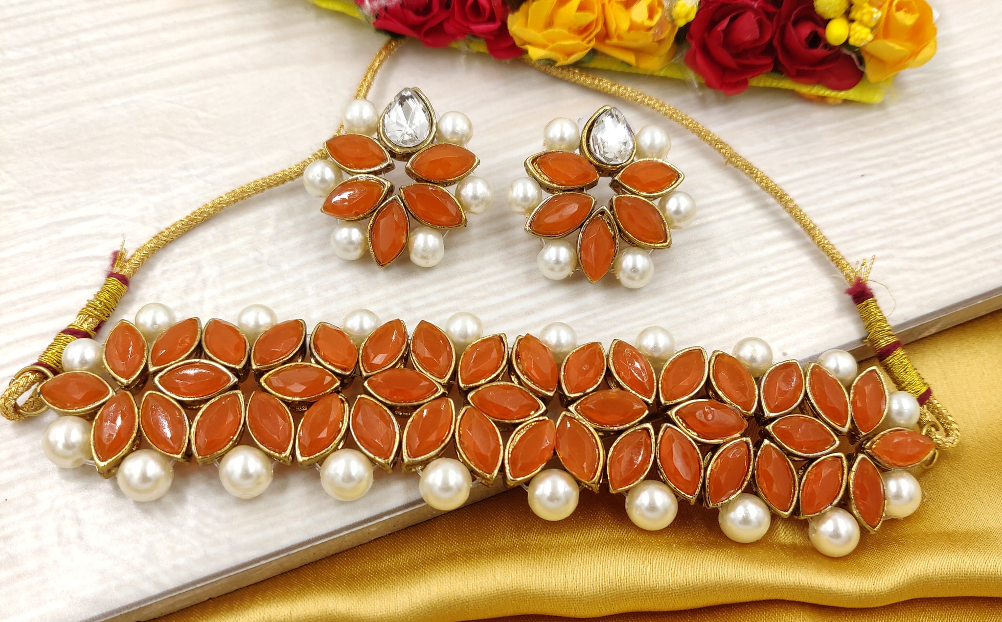 

ZaffreCollections Orange Gold Necklace Set For Women