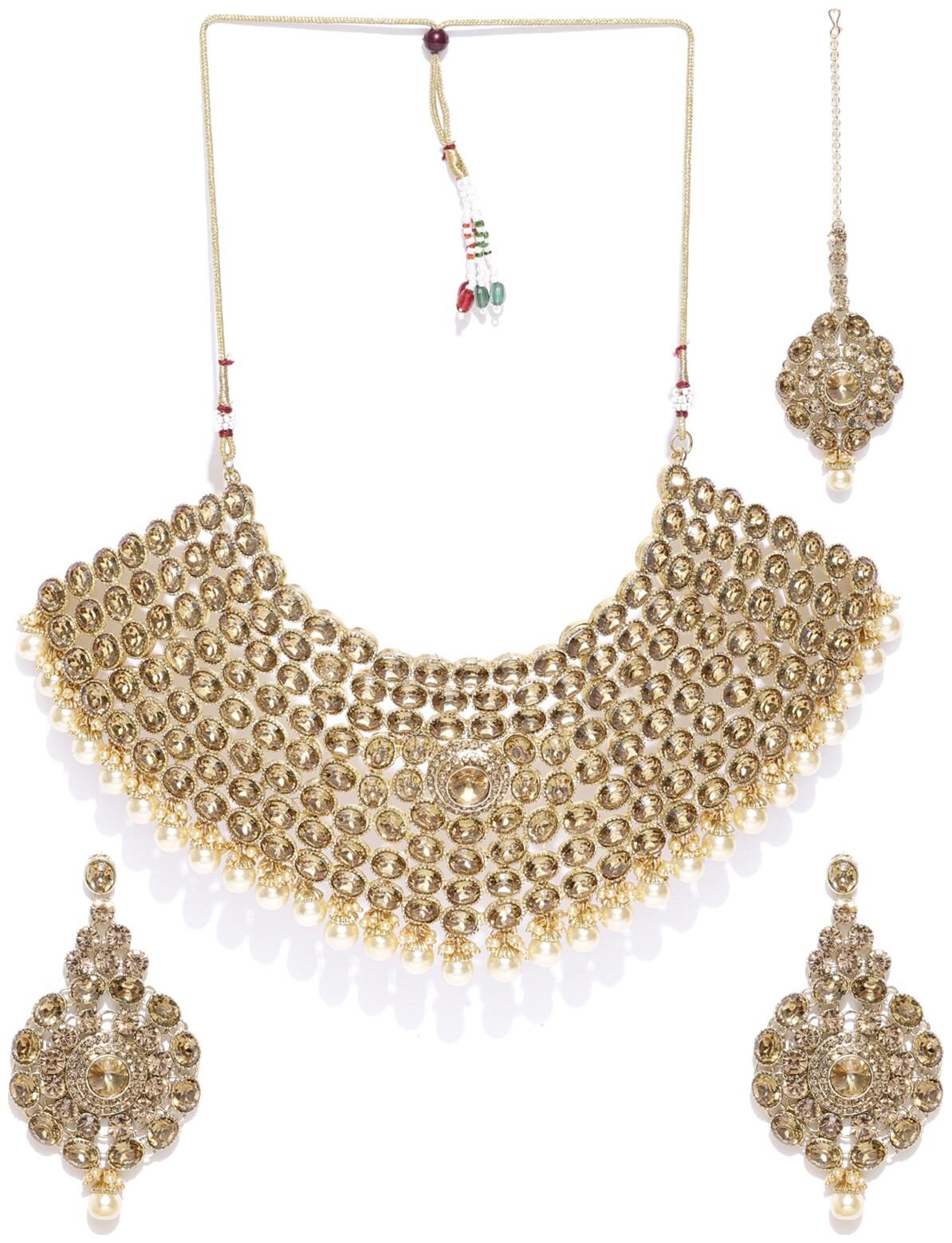 

Zaveri Pearls Gold Tone Embellished With Stones Dangling Pearls Bridal Choker Necklace Set-ZPFK8290