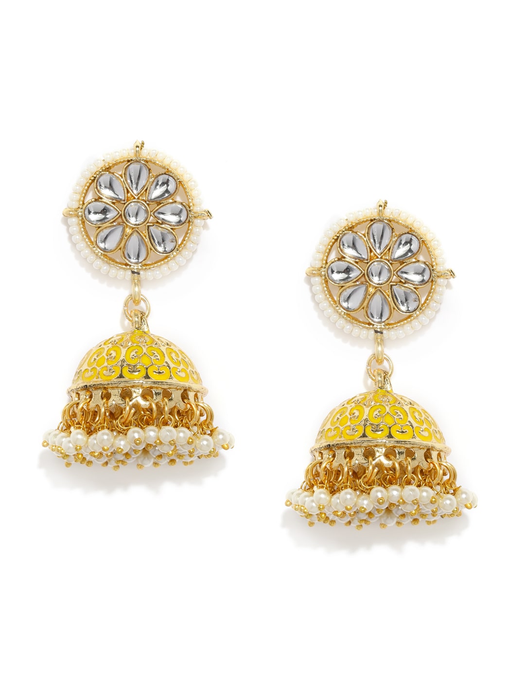 

Zaveri Pearls Enamelling Yellow Kundan Pearls Jhumki Earring-ZPFK9401