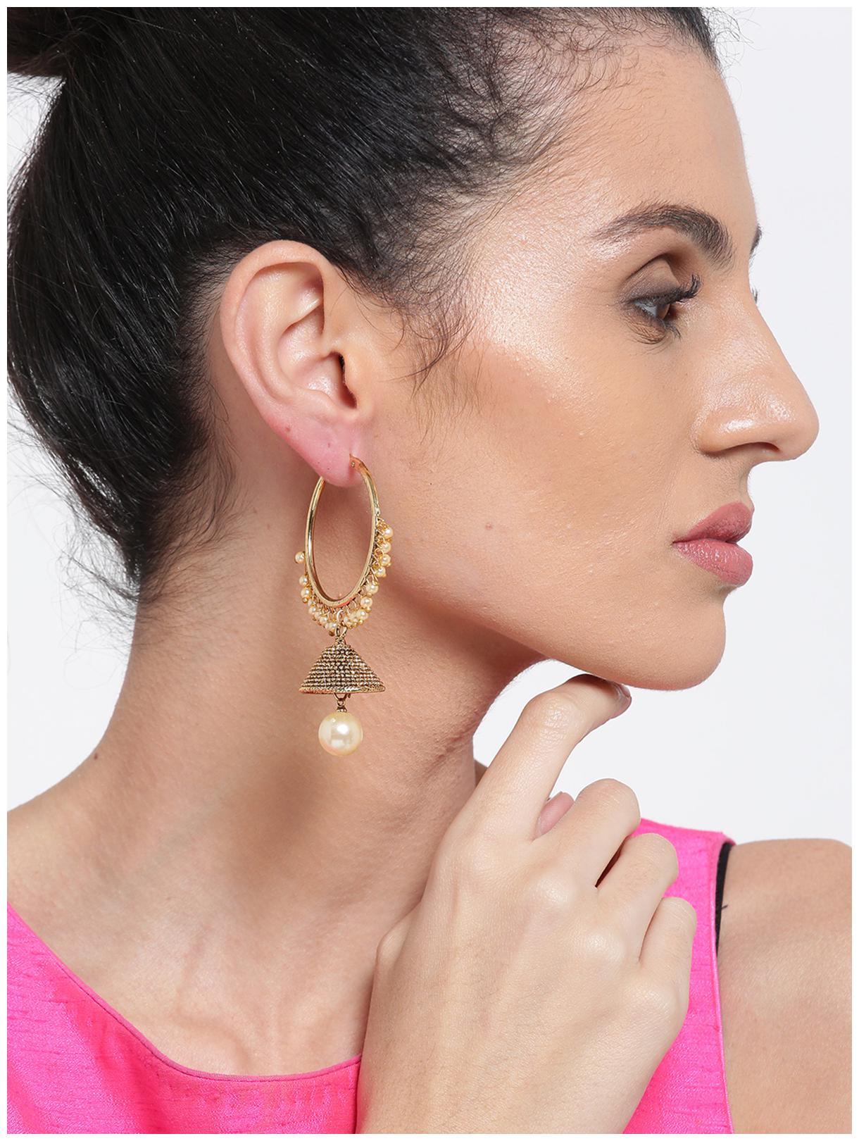 

Zaveri Pearls Gold-Toned Ethnic Chandbali With Jhumki Pearl Drops Earring-ZPFK6624