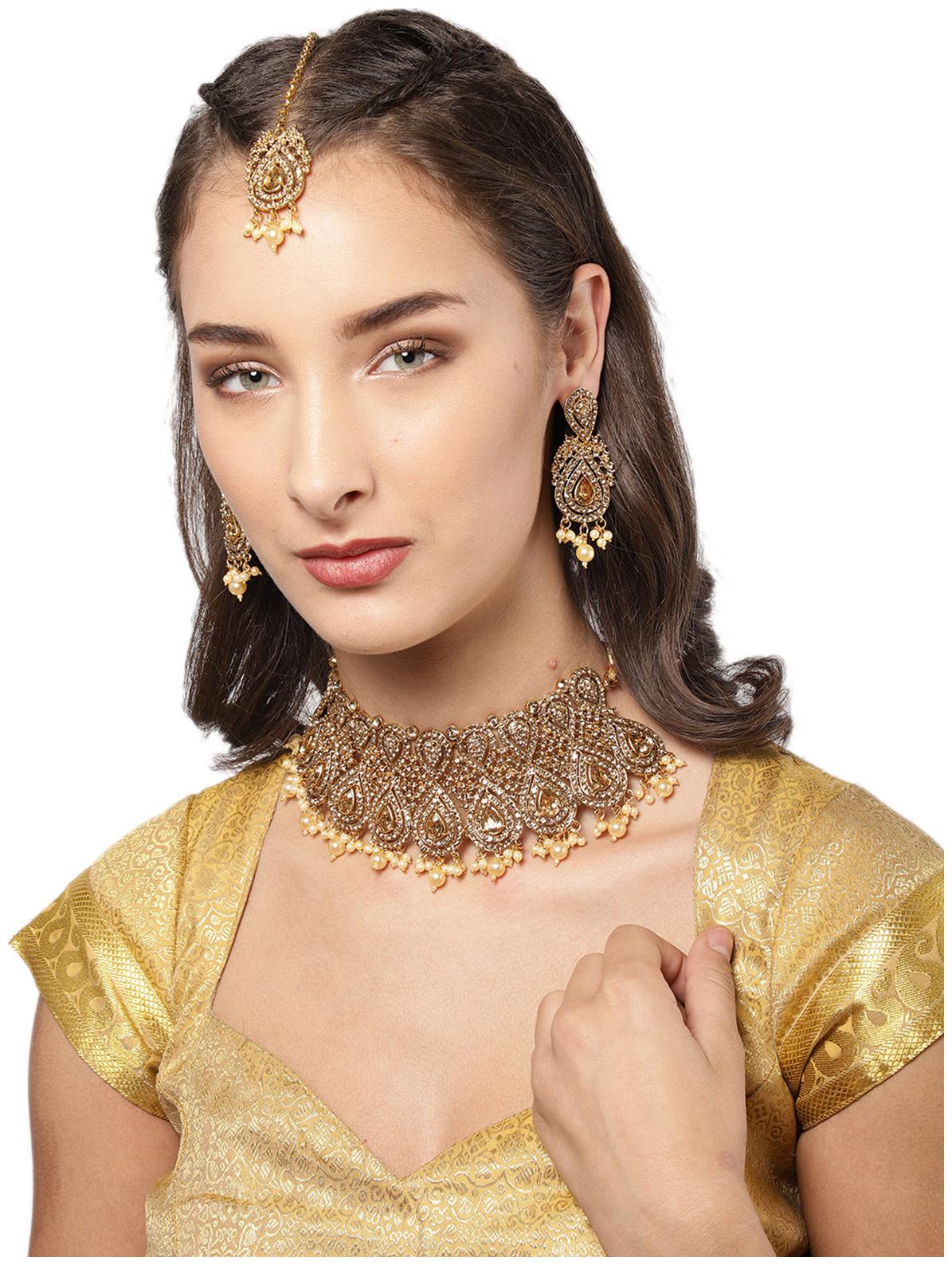 

Zaveri Pearls Gold Tone Austrian Diamonds Studded Traditional Choker Necklace Set-ZPFK8452