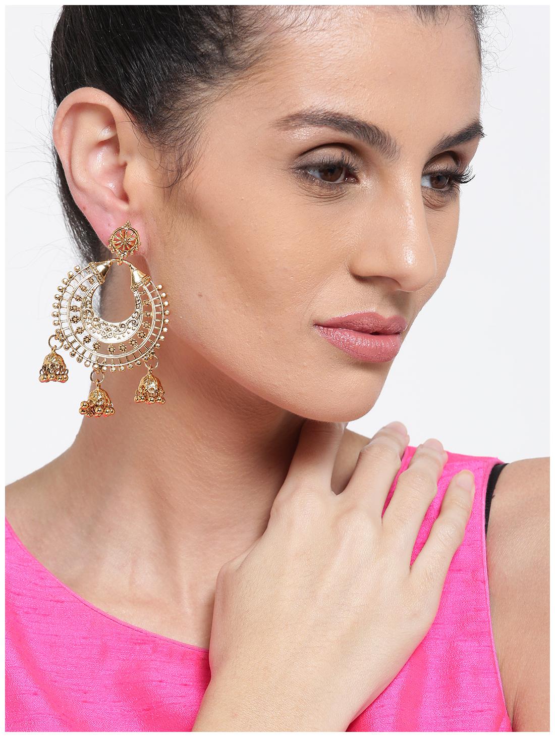

Zaveri Pearls Gold-Toned Chandbali With Jhumki Drop Earring-ZPFK6621