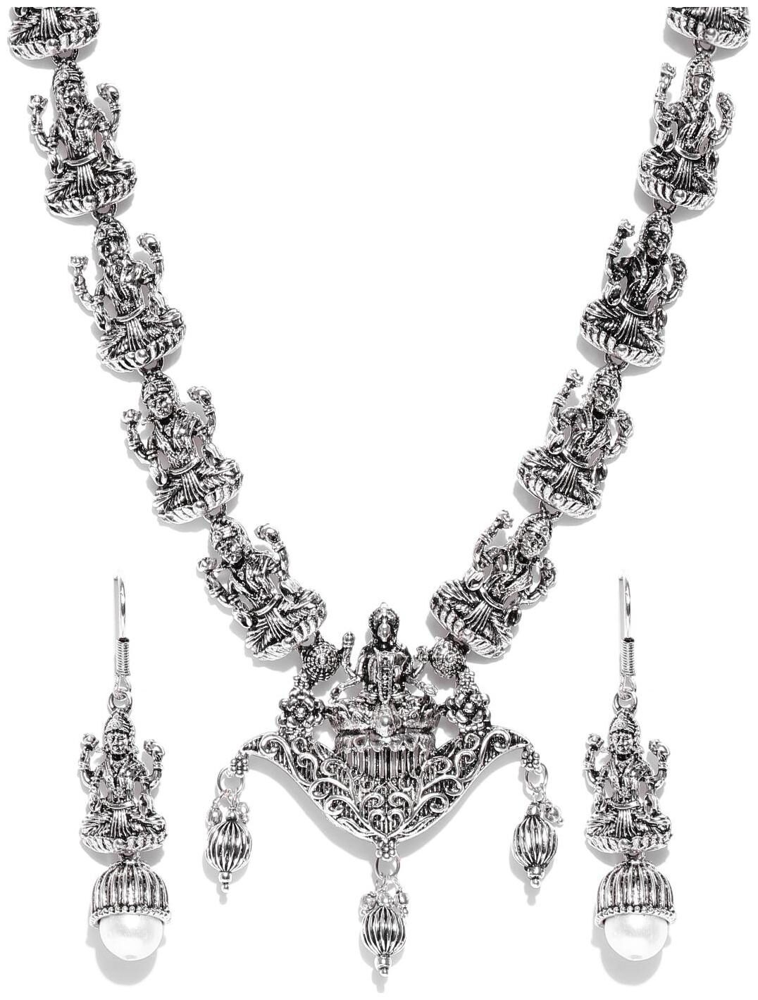 

Zaveri Pearls Antique Silver Tone Goddess Temple Necklace Set-ZPFK6739