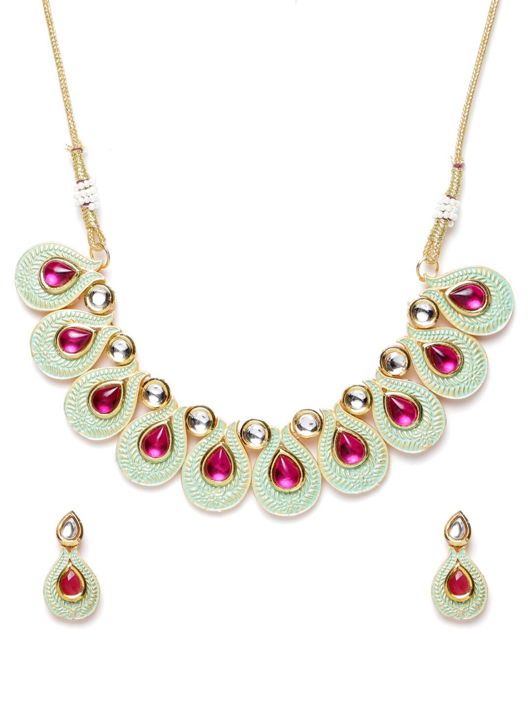 

Zaveri Pearls Enamelling Mint Green Pink Stones Kundan Choker Necklace Earring Set-ZPFK9636