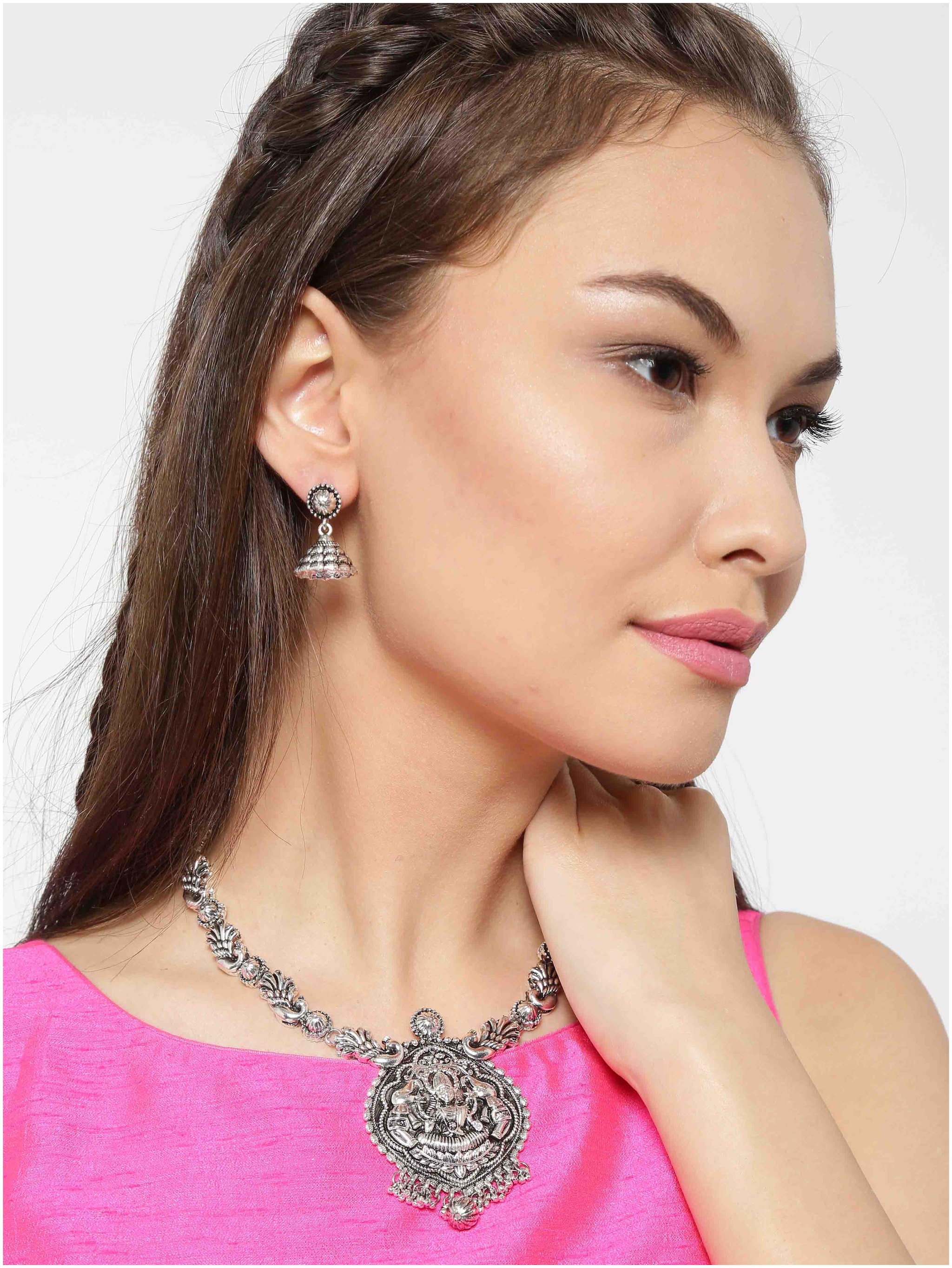 

Zaveri Pearls Antique Silver Goddess Temple Necklace Set-ZPFK6315