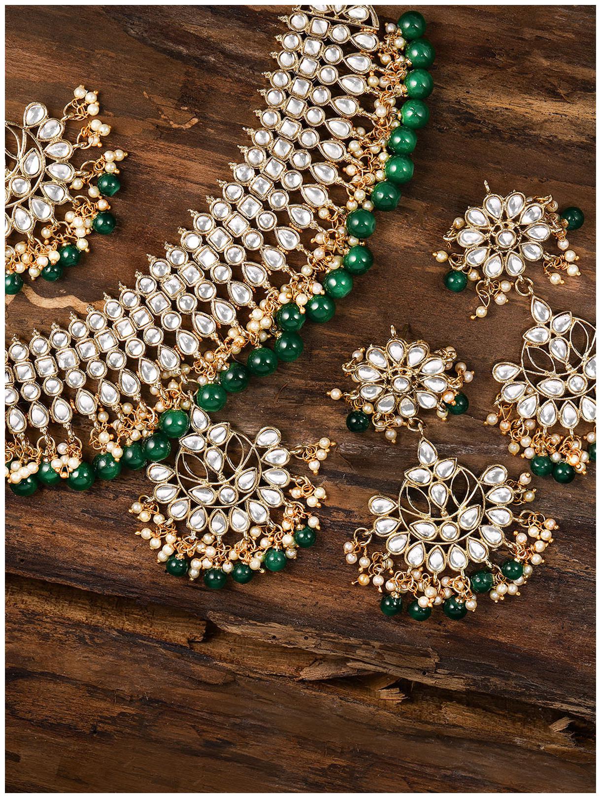 

Zaveri Pearls Gold Tone Kundan Green Beads Traditional Necklace Set-ZPFK8522