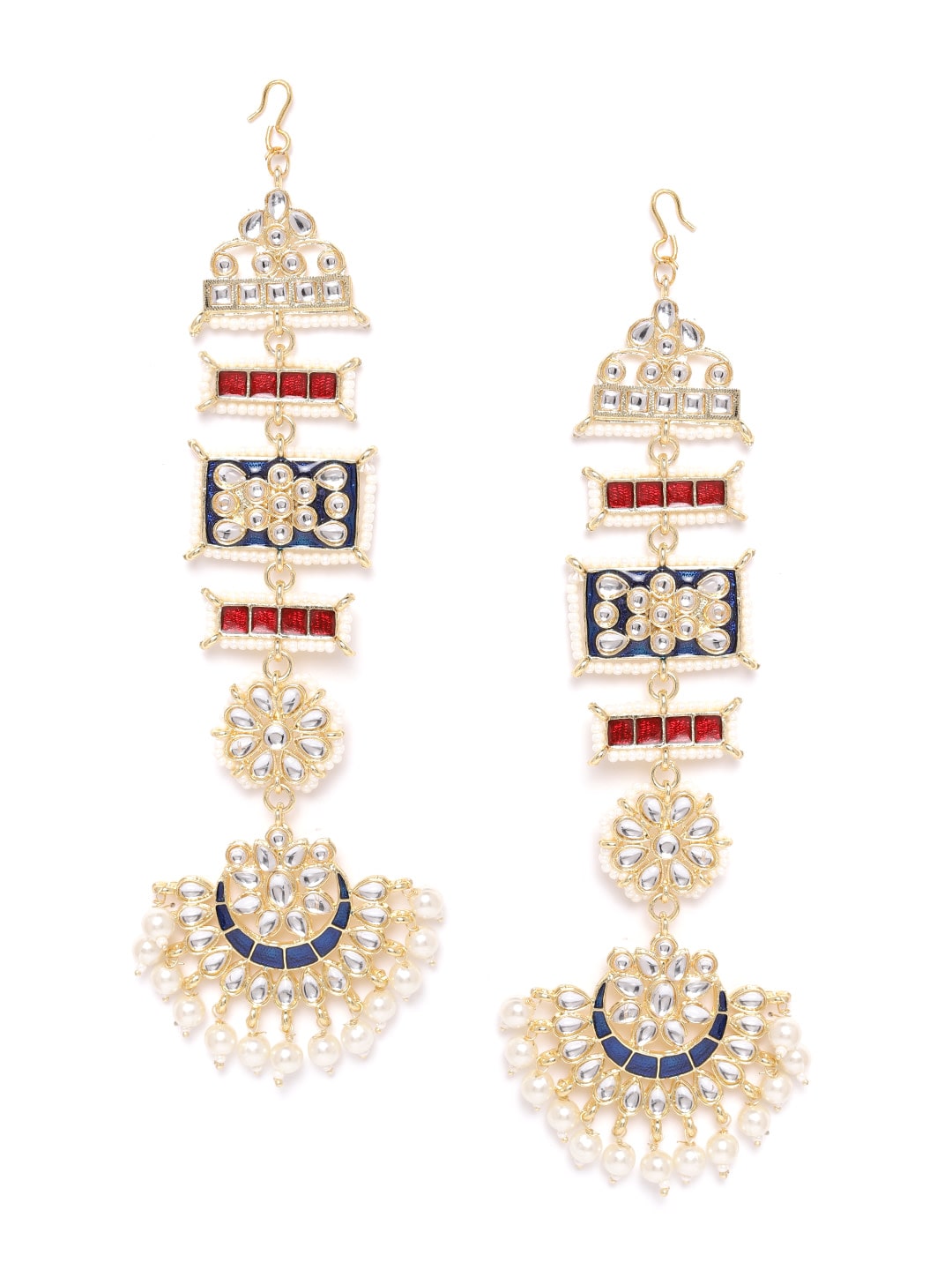 

Zaveri Pearls Blue Red Enamelling Kundan With Ear Chain Bridal Dangle Drop Earring-ZPFK9646