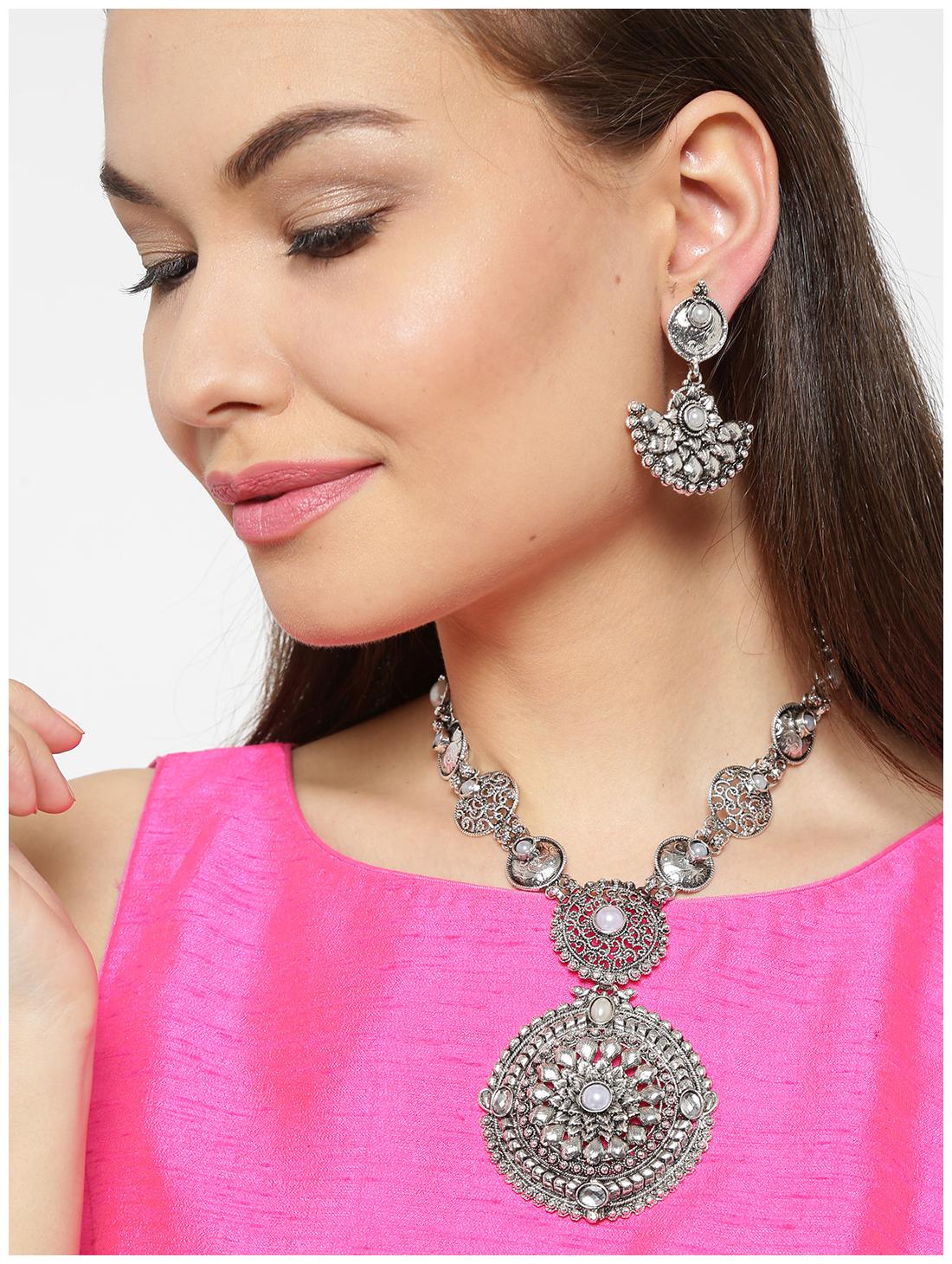 

Zaveri Pearls Antique Silver Filigree Necklace Set-ZPFK6302