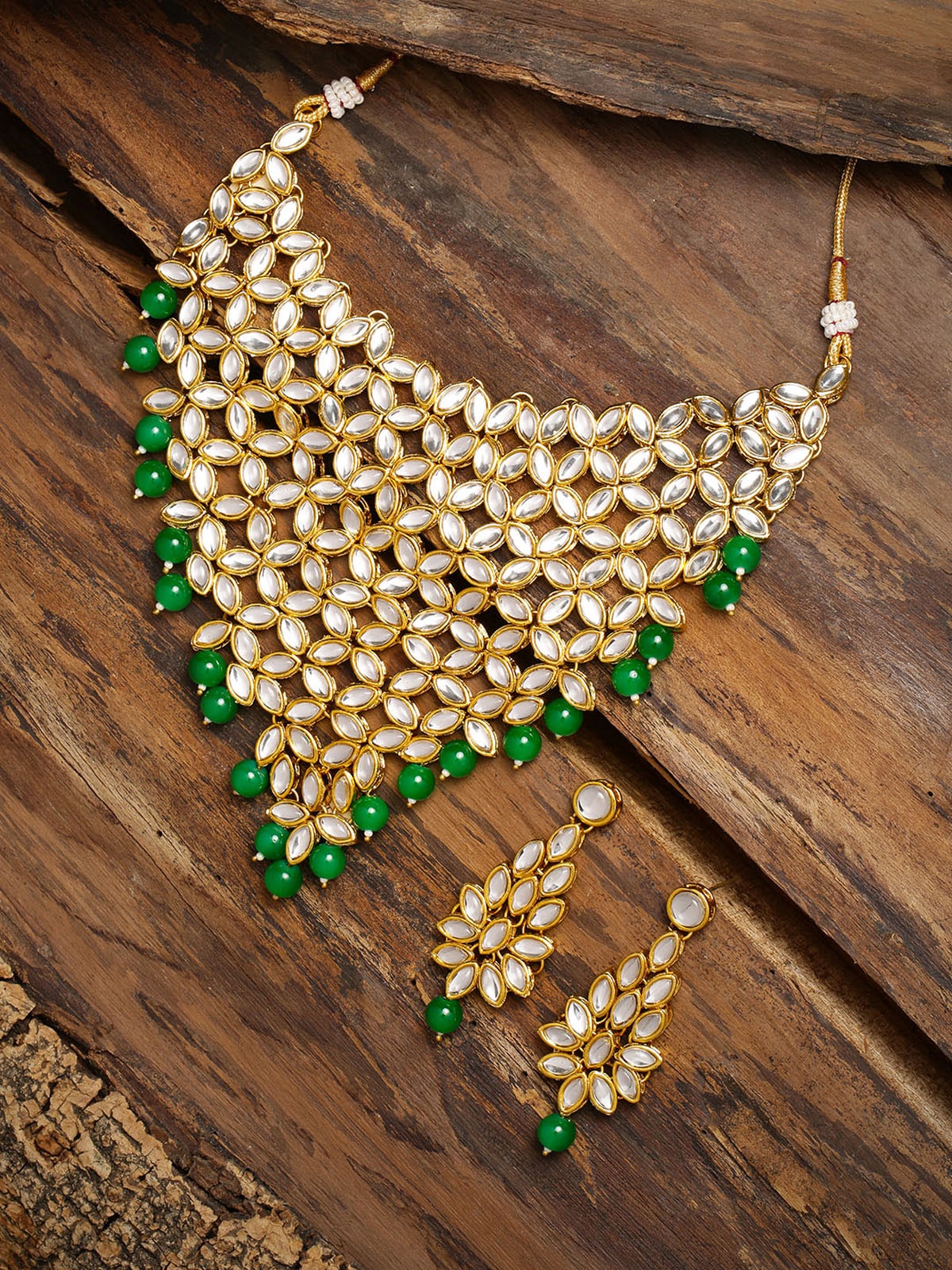 

Zaveri Pearls Gold Tone Kundan Green Beads Bridal Choker Necklace Earring Set-ZPFK9183