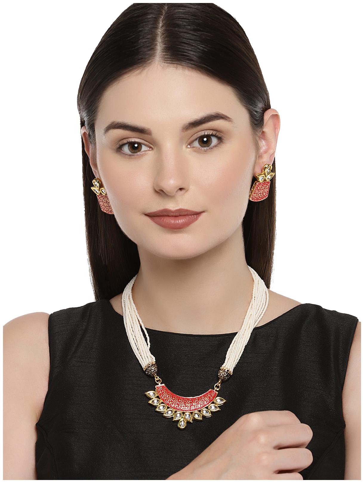 

Zaveri Pearls Antique Gold Tone Traditional Moti Mala Kundan Necklace Set For Women-ZPFK7753