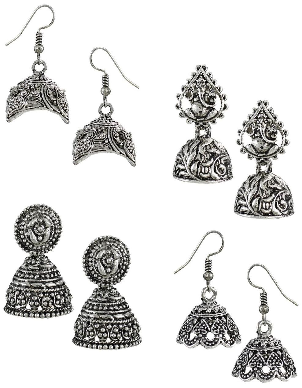 

Zaveri Pearls Pack Of Four Finely Detailed Designer Oxidised Jhumki Earrings - ZPFK5722
