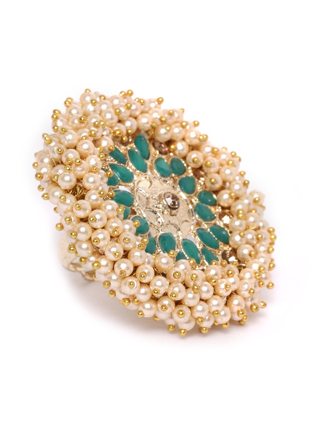 

Zaveri Pearls Green Stones Clustered Pearls Ethnic Bridal Finger Ring-ZPFK9538