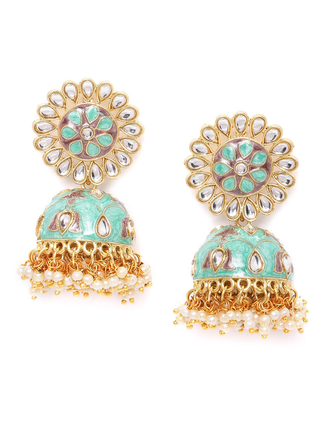

Zaveri Pearls Enamelling Grey Green Kundan Pearls Ethnic Jhumki Earring-ZPFK9613