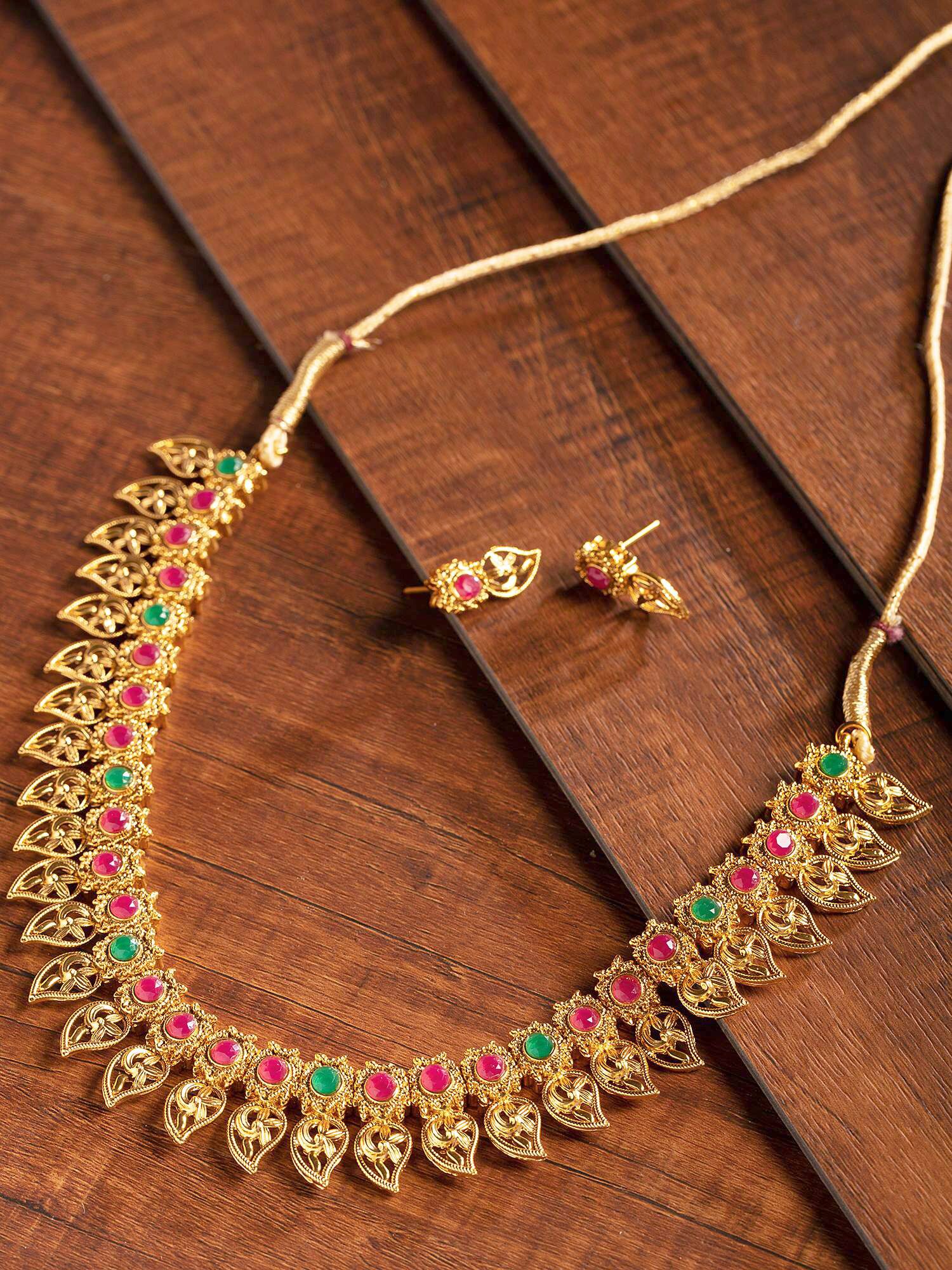 

Zaveri Pearls Green Red Stones South Indian Style Floral Necklace Earring Set-ZPFK9380
