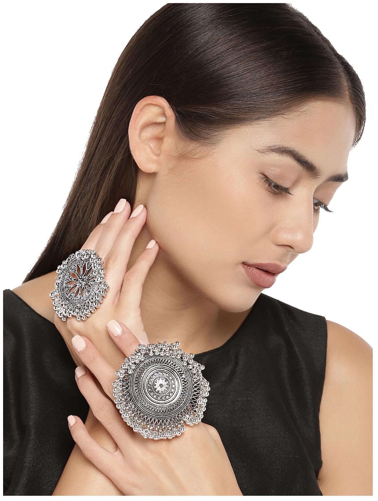 

Zaveri Pearls Combo of 2 Antique Silver Tone Beaded Traditional Finger Ring-ZPFK7877