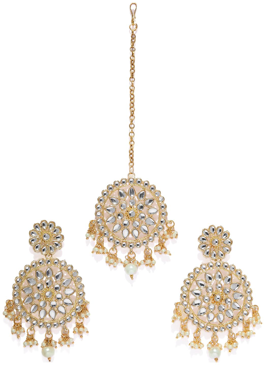 

Zaveri Pearls Gold Tone Traditional Kundan Pearls Earring Maangtikka Set-ZPFK7480