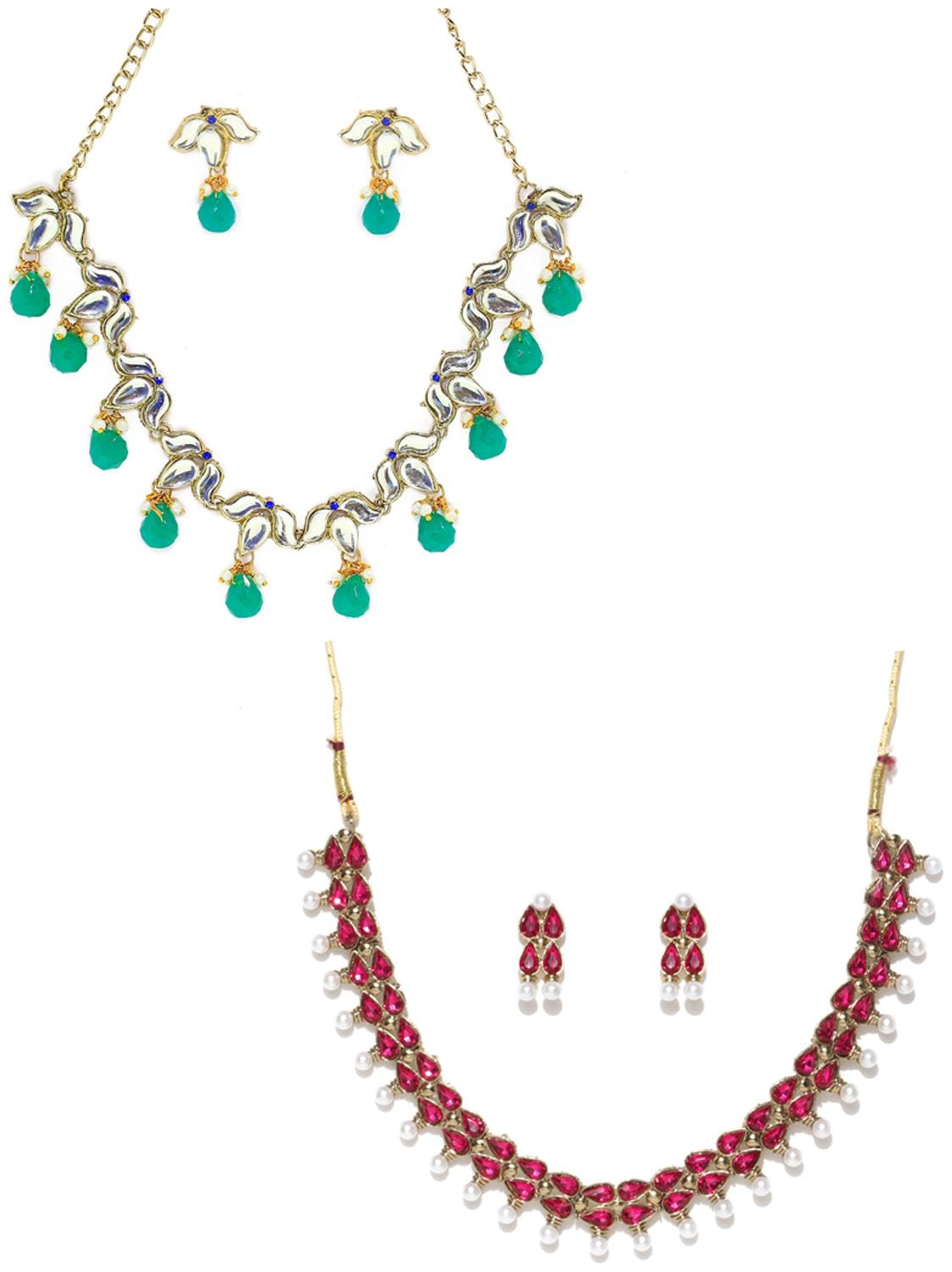 

Zaveri Pearls Combo of 2 Traditional Red Green Necklace Set -ZPFK9059