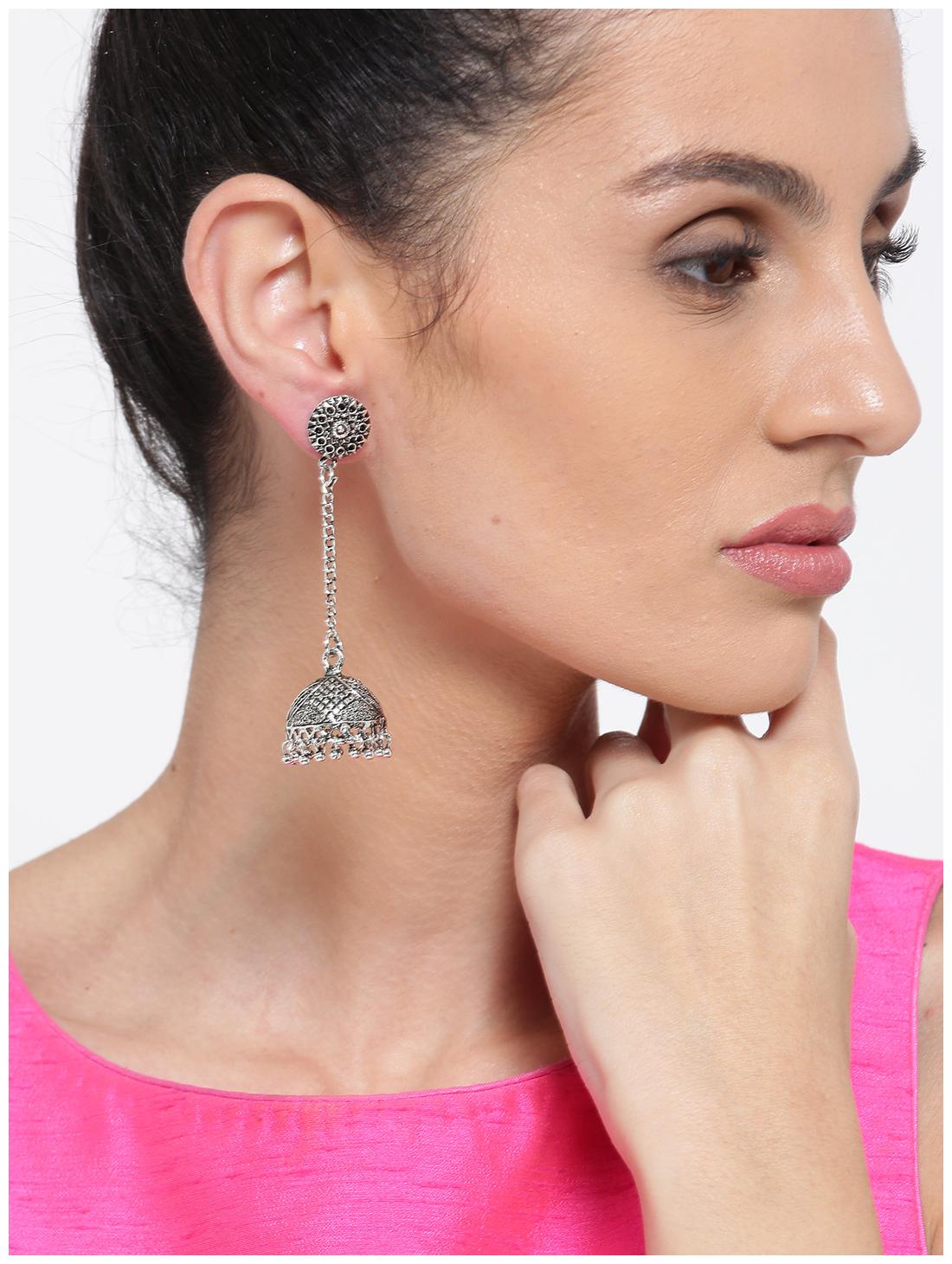 

Zaveri Pearls Antique Silver-Toned Hanging Jhumki Earring-ZPFK6535