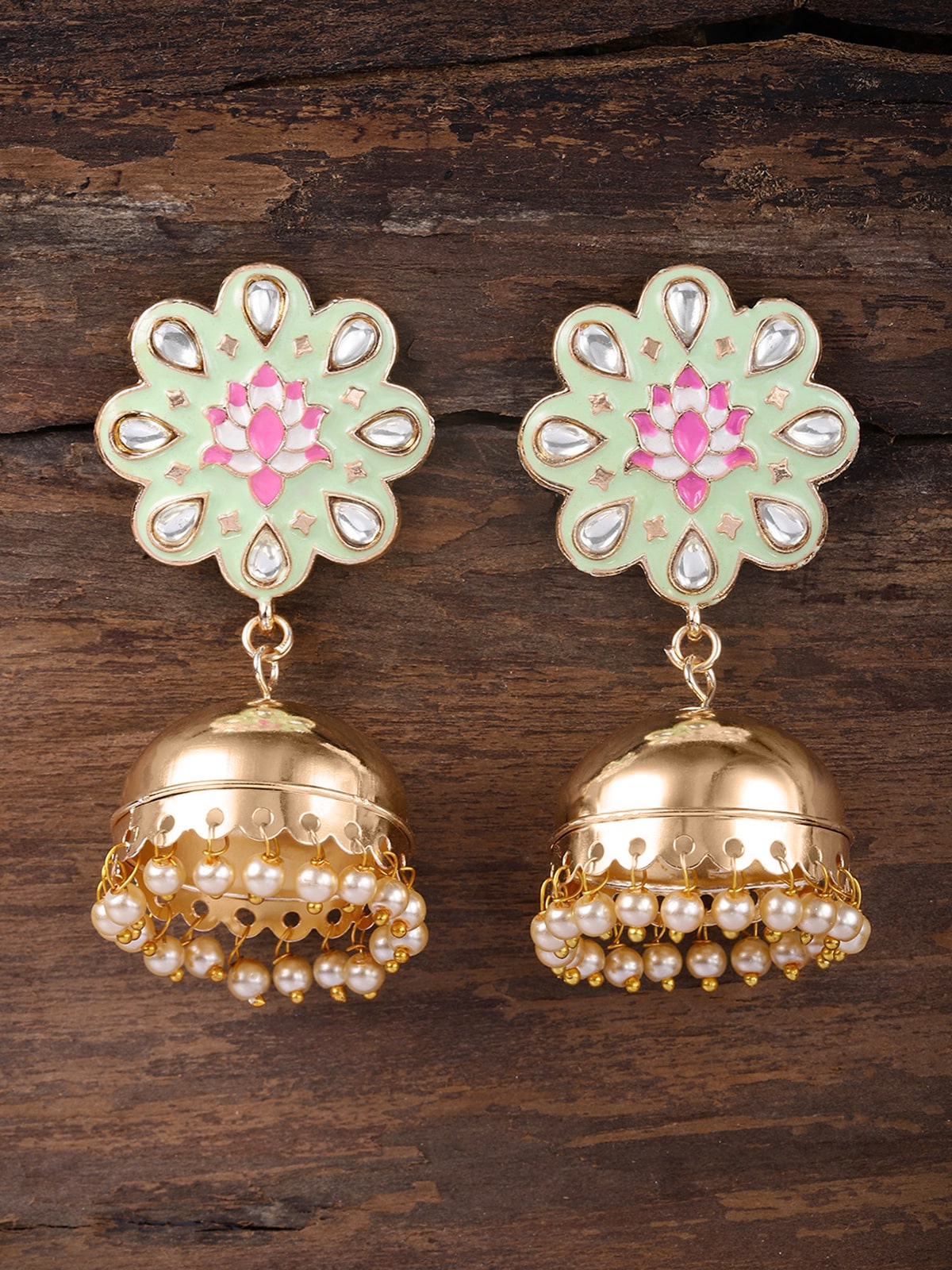

Zaveri Pearls Enamelling Sea Green Pink Lotus Pearls Jhumki Earring-ZPFK9144