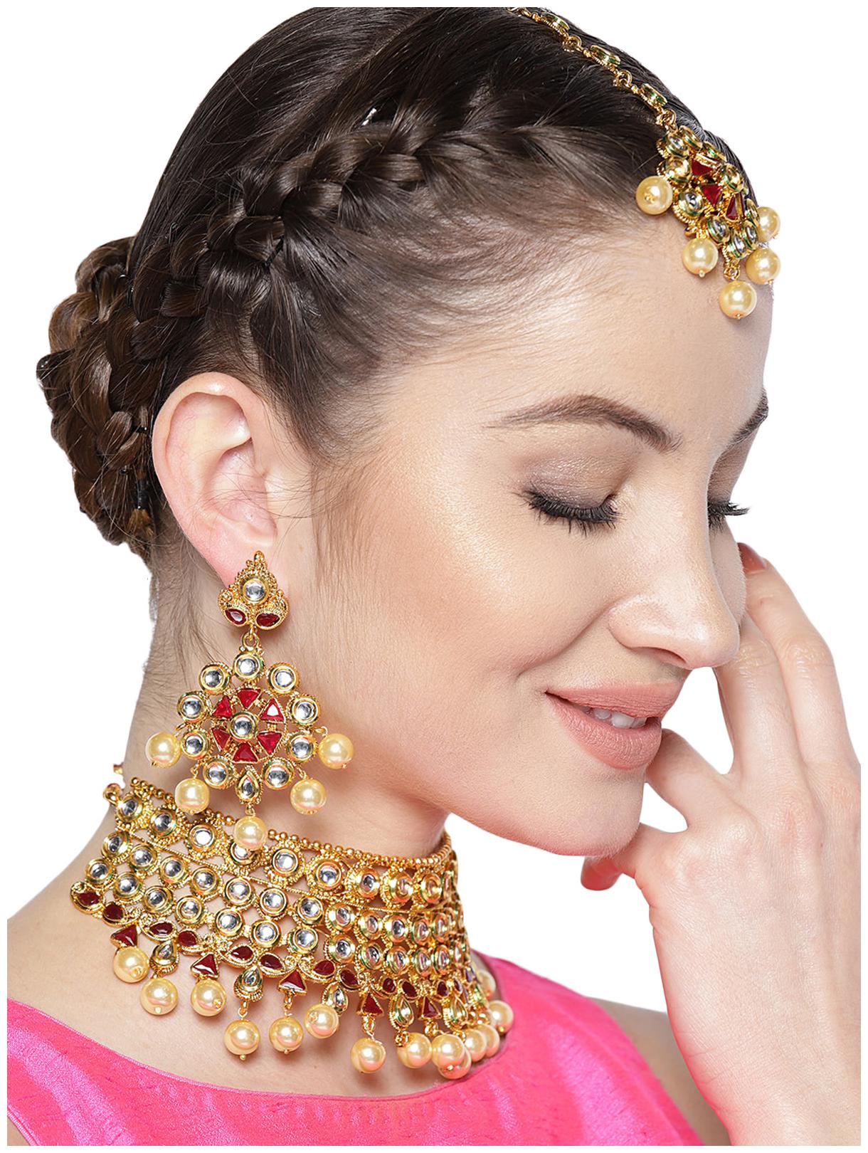 

Zaveri Pearls Gold Tone Kundan Pearl Drops Bridal Choker Necklace Set-ZPFK7377