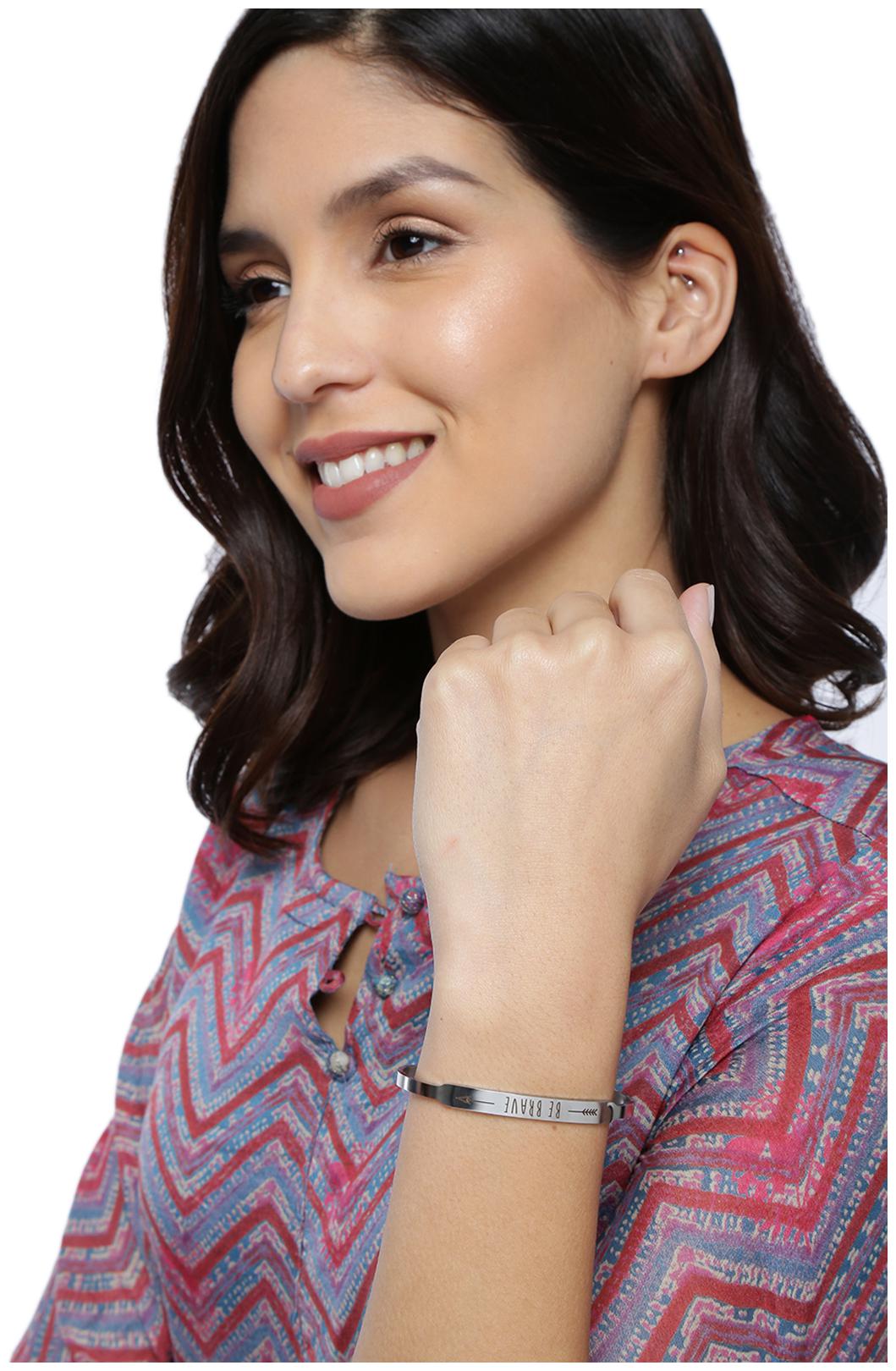 

Zaveri Pearls Silver Tone Splendid Be Brave Carved Contemporary Kada-ZPFK8930