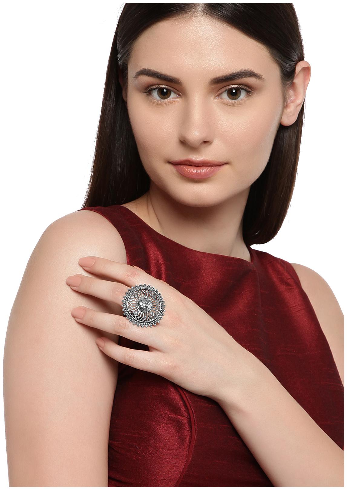

Zaveri Pearls Antique Silver Tone Cut-work Finger Ring-ZPFK7423