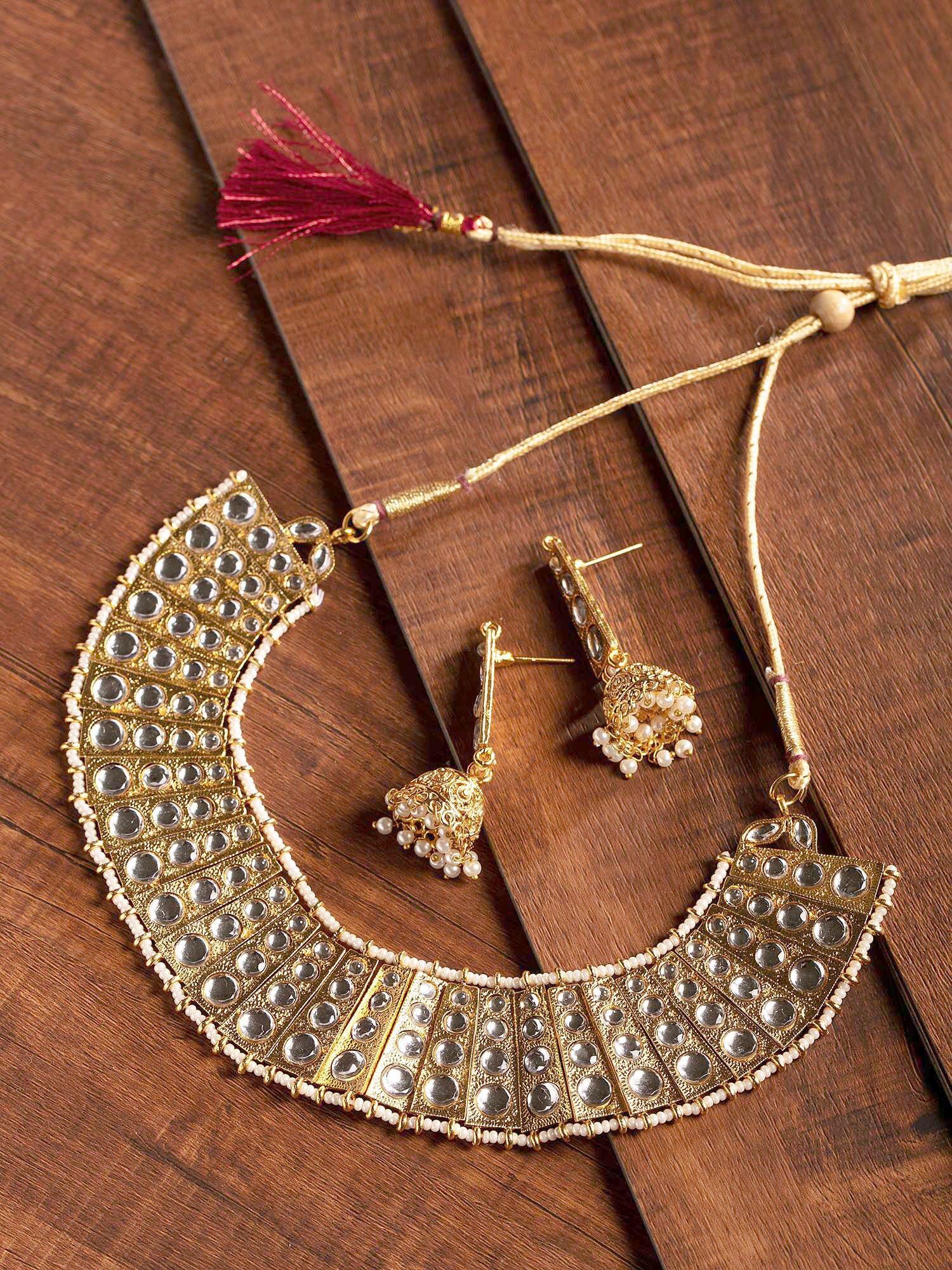 

Zaveri Pearls Gold Tone Kundan Pearls Traditional Necklace Earring Set-ZPFK9357