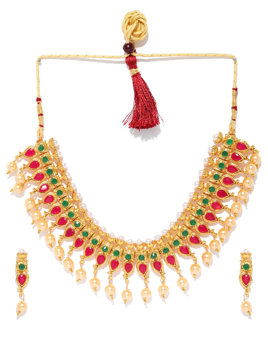 

Zaveri Pearls Green Red Stones Traditional Pearls Necklace Earring Set-ZPFK9066