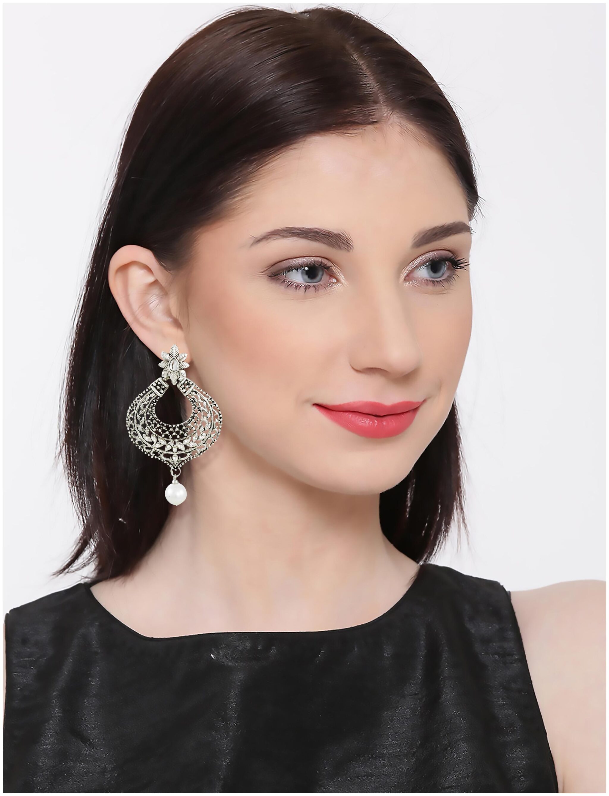 

Zaveri Pearls Silver-Toned Chandbali With Pearl Drop Earring-ZPFK6679