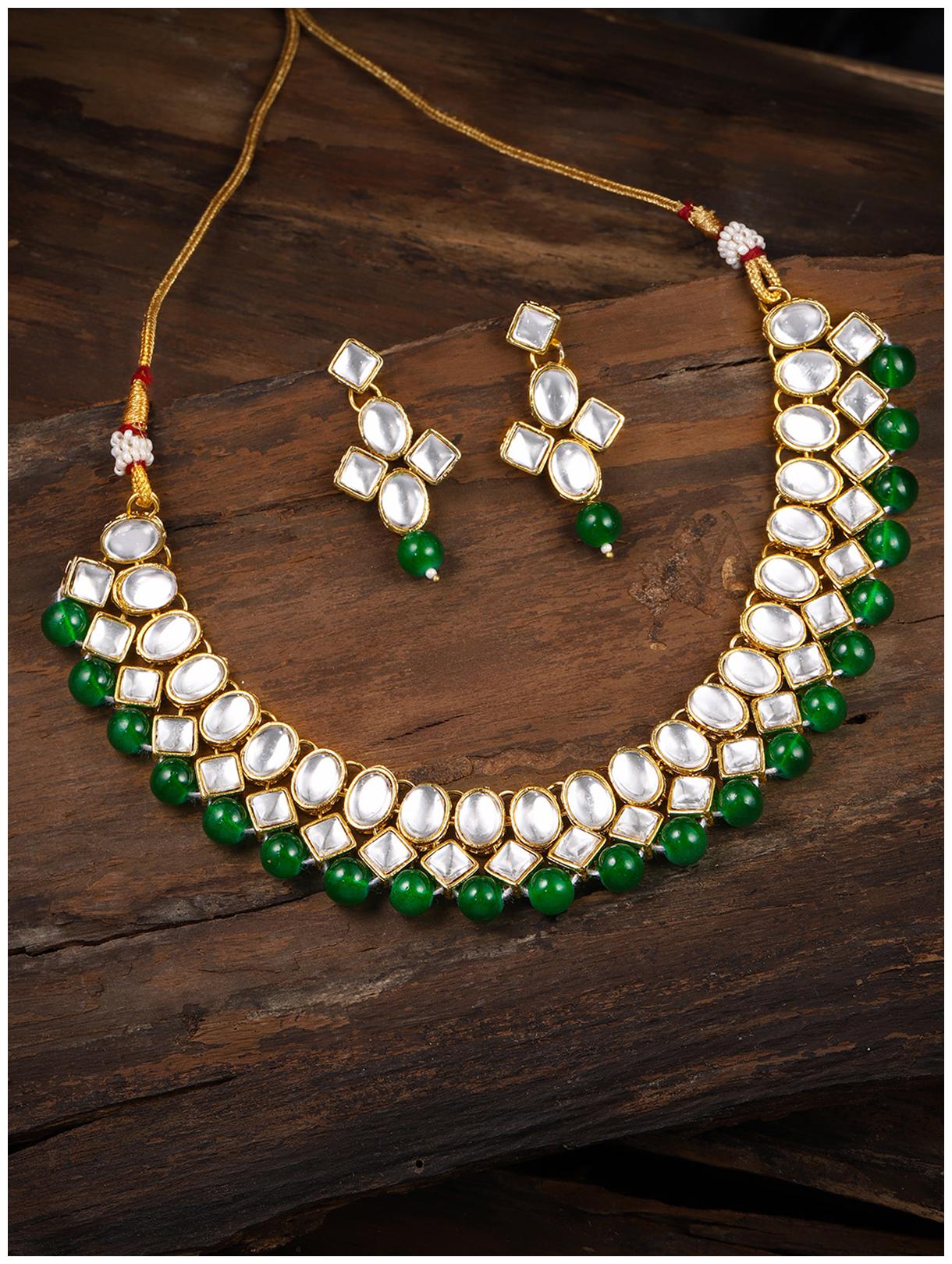 

Zaveri Pearls Gold Tone Kundan Green Beads Traditional Necklace Set-ZPFK8530
