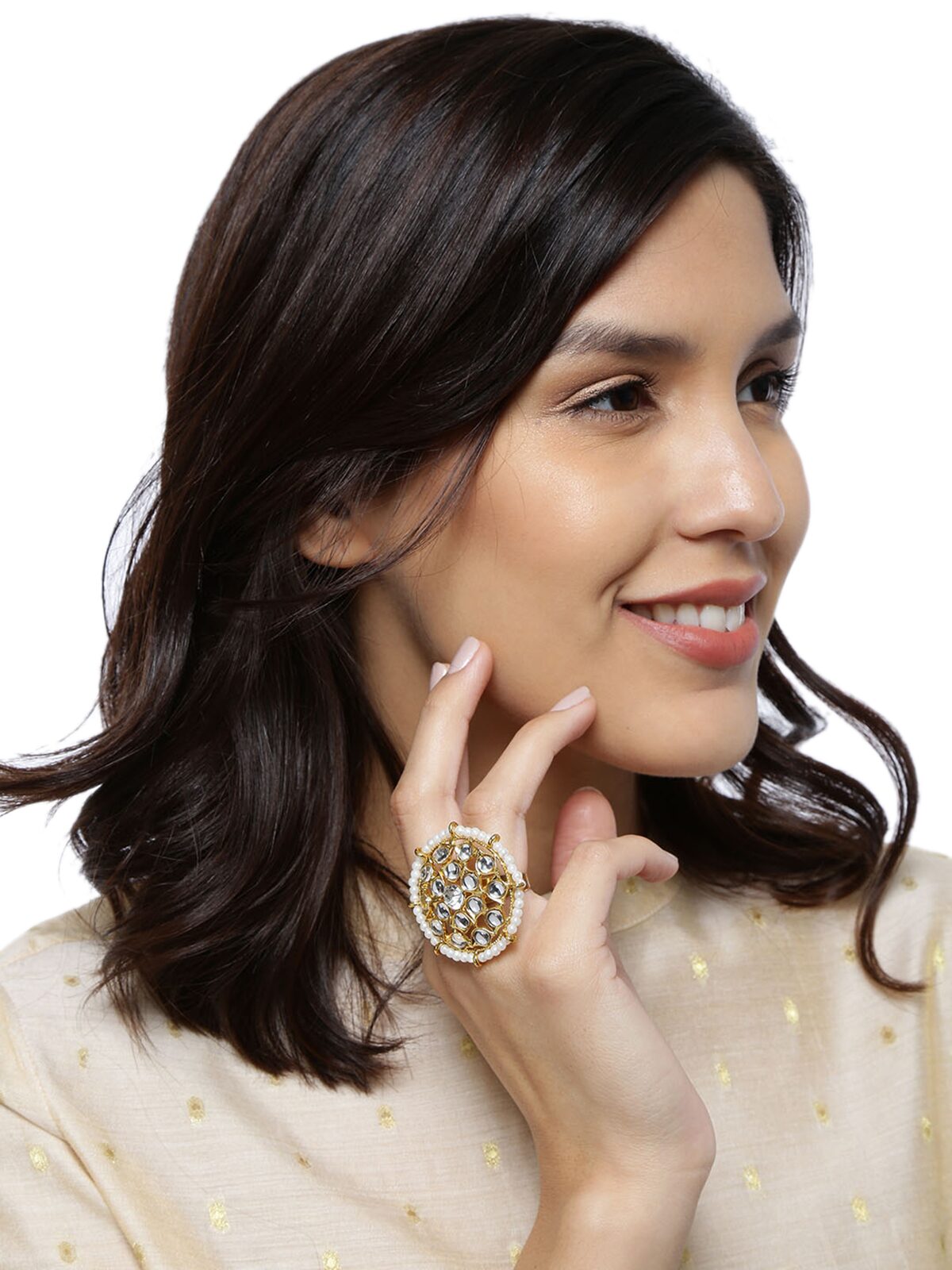 

Zaveri Pearls Gold Tone Kundan And Pearls Traditional Adjustable Finger Ring-ZPFK9000