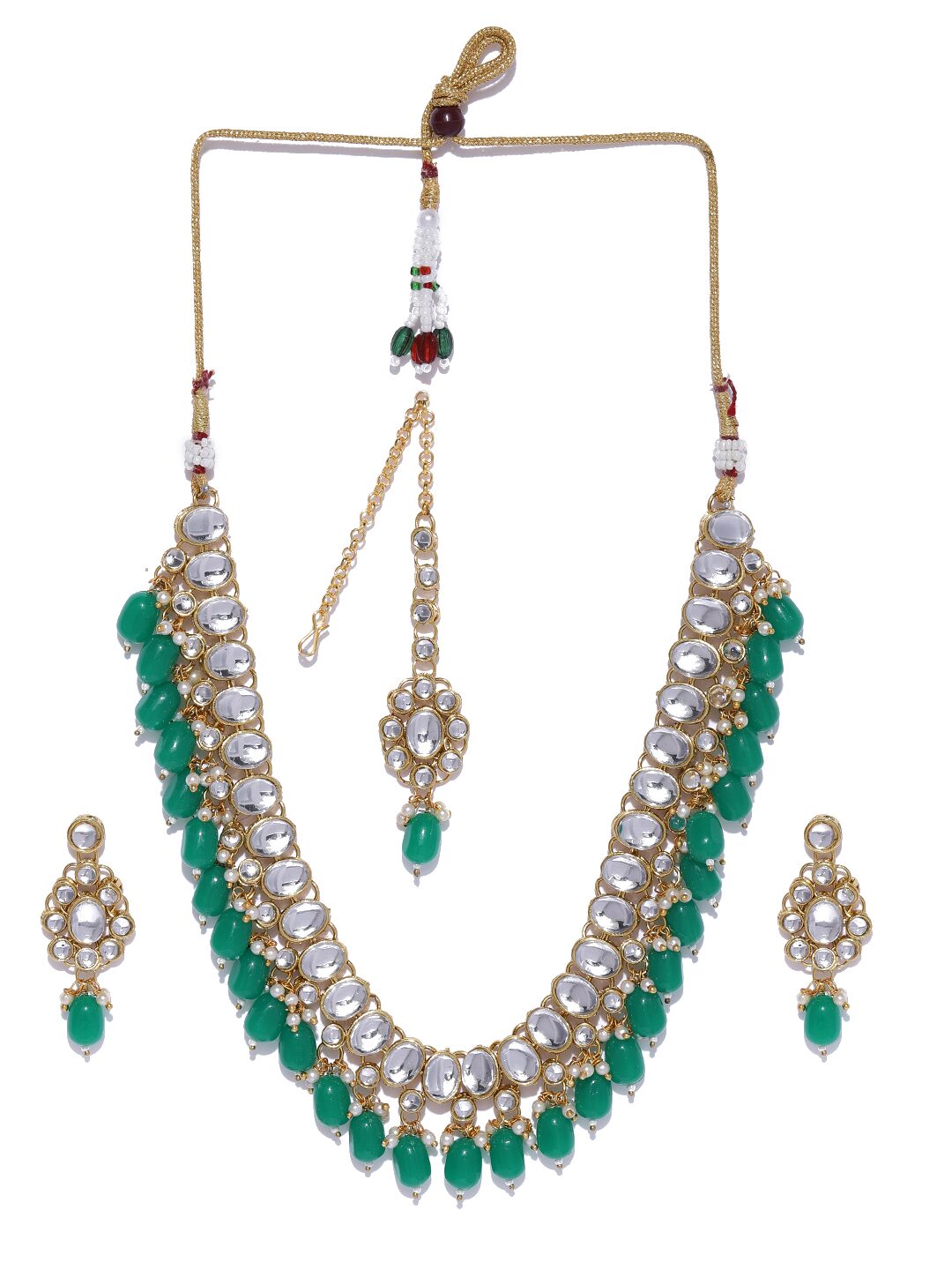 

Zaveri Pearls Kundan Green Beads Choker Necklace Earring Maangtikka Set-ZPFK9173