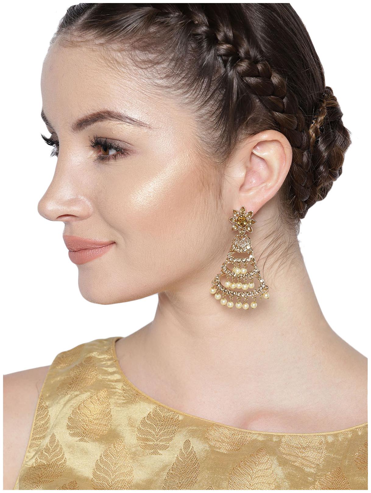 

Zaveri Pearls Gold Tone Triangular Shape Embellished with Pearls Dangle Earring-ZPFK7328