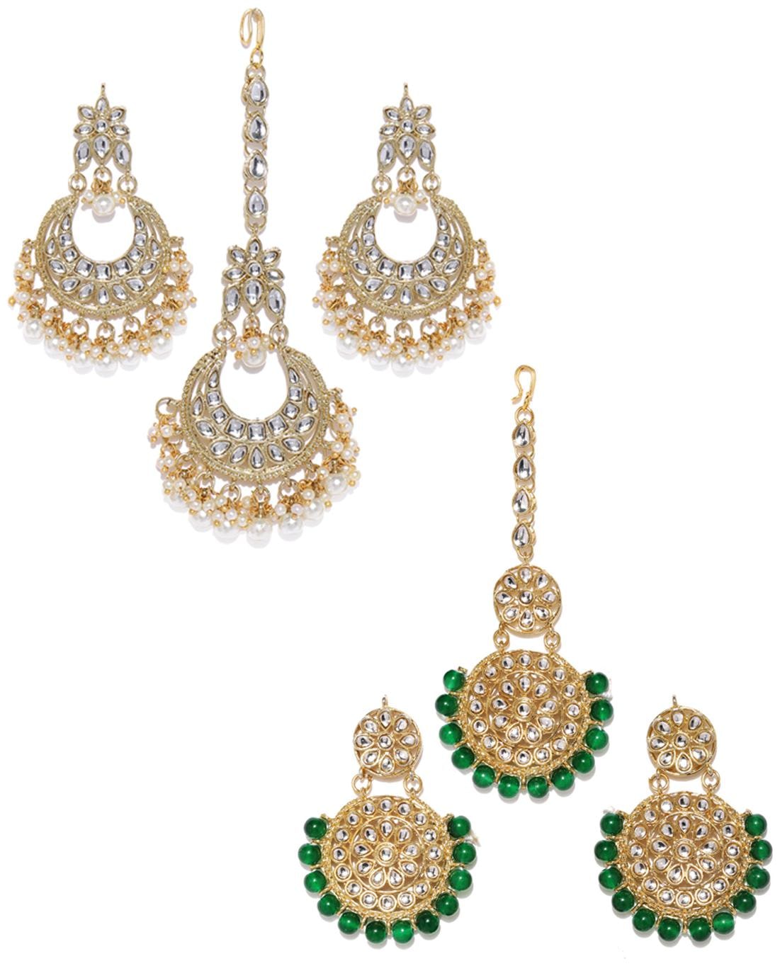 

Zaveri Pearls Combo Of 2 Traditional Wedding Colletion Pearl Kundan Maang Tikka Earring -ZPFK9054